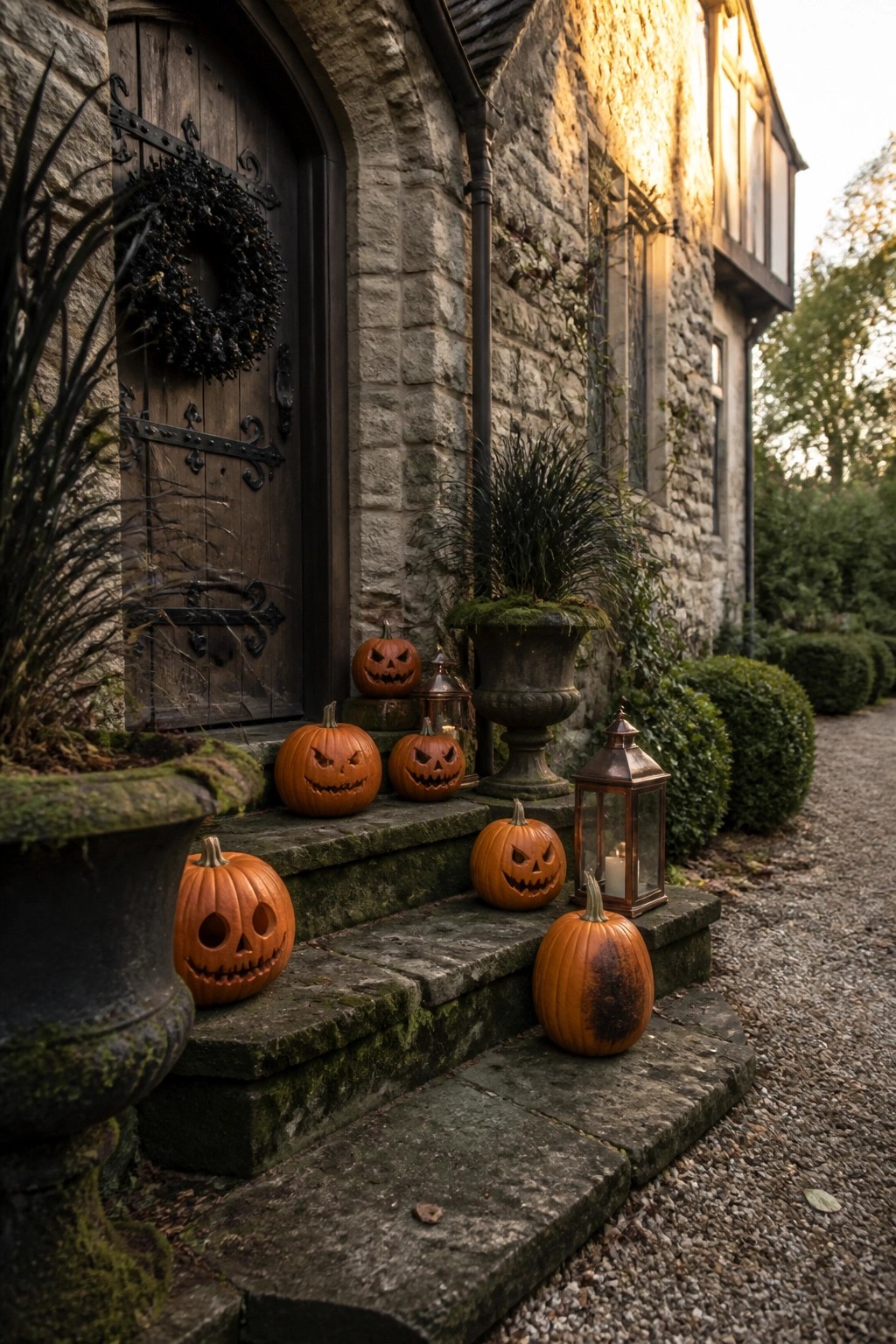 Stone house entrance with wooden door and wreath, stone steps lined with carved jack-o'-lantern pumpkins and metal lanterns at dusk.