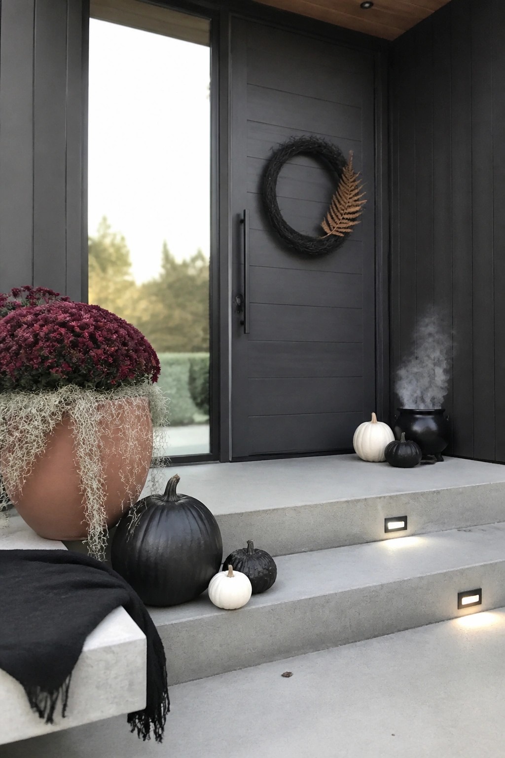 A modern dark front door with concrete steps holding black and white pumpkins, a black wreath, a smoking cauldron, and a large potted plant with red flowers.