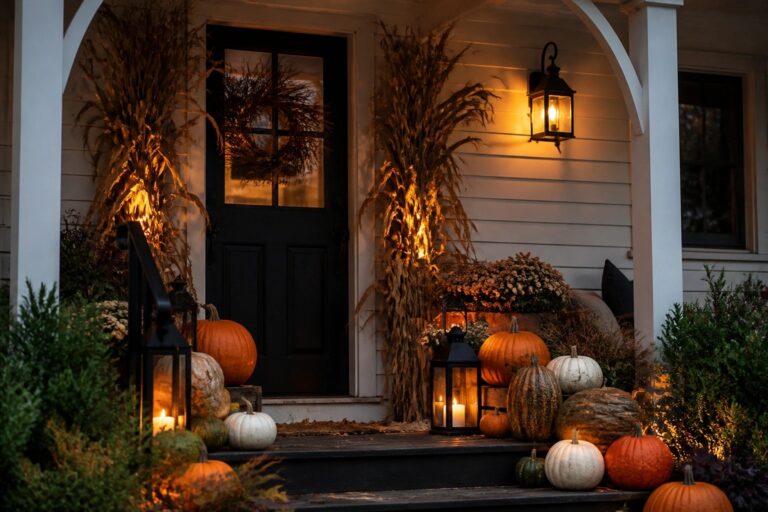 Front porch steps lined with multiple carved jack o' lanterns and lanterns leading up to a dark wooden door with a wreath.