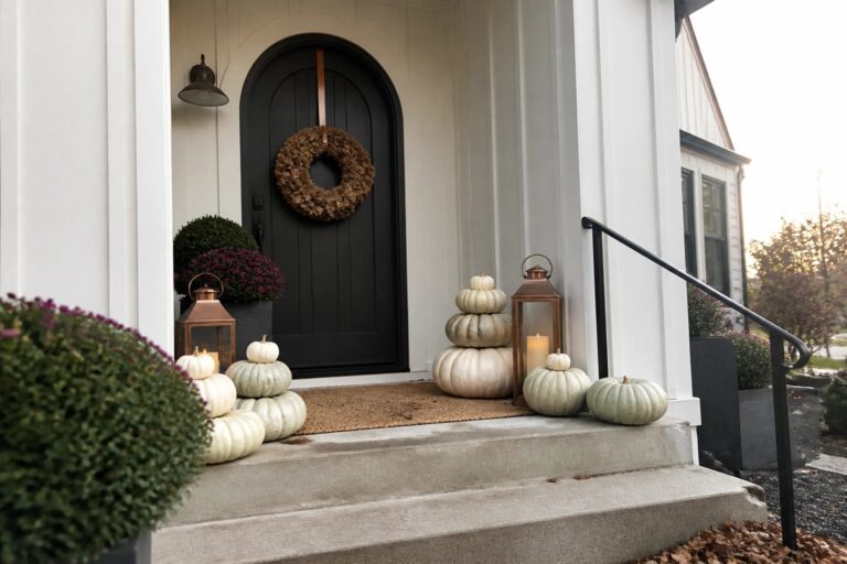 18 Halloween House Entrance Decor Ideas That Set the Spooky Tone White pumpkins, lit lanterns, and dried wreath adorn black door and concrete steps