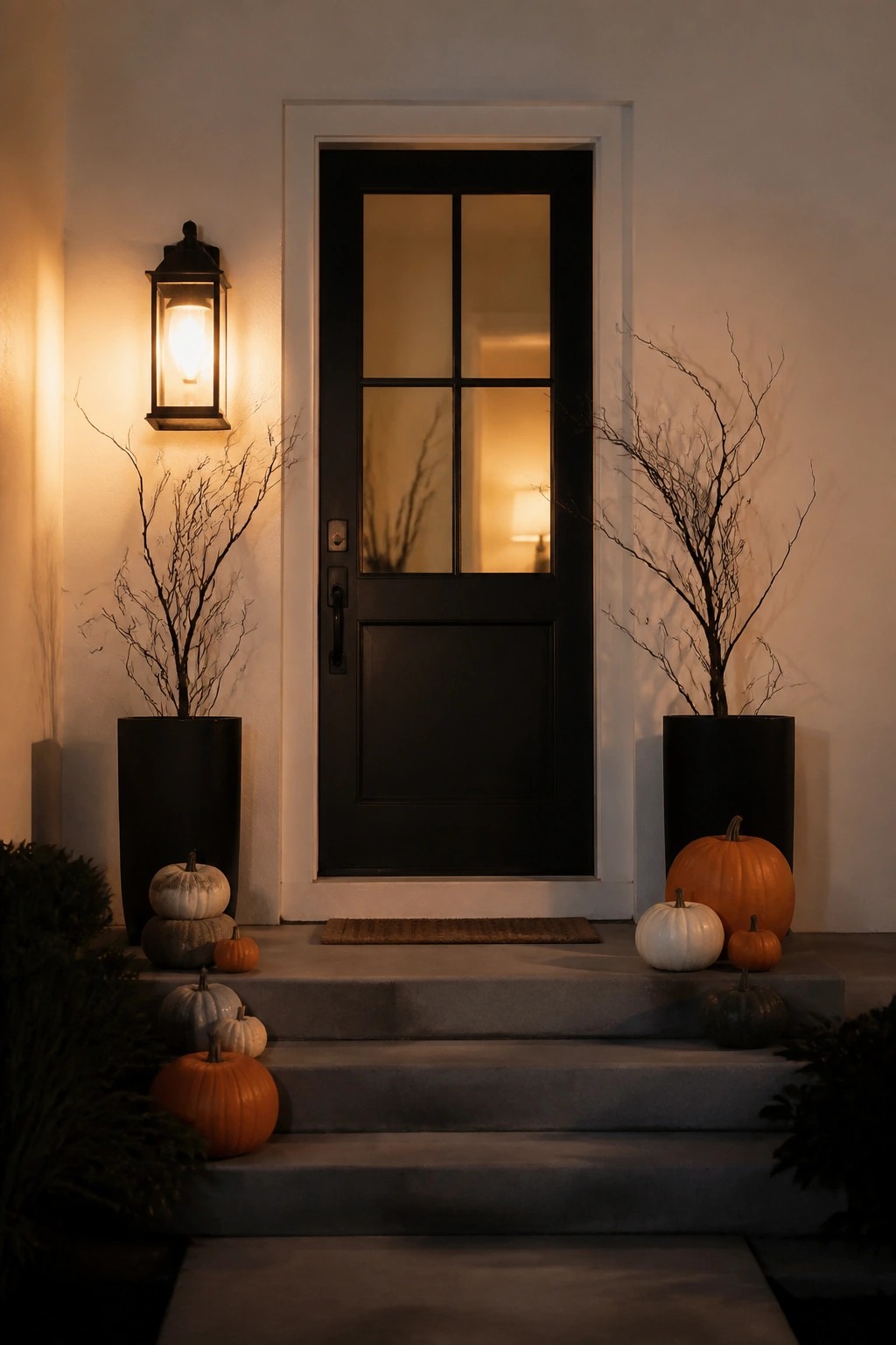Front entrance with black planters holding bare branches on both sides of a dark door, pumpkins arranged on the concrete steps, and a lit wall lantern.