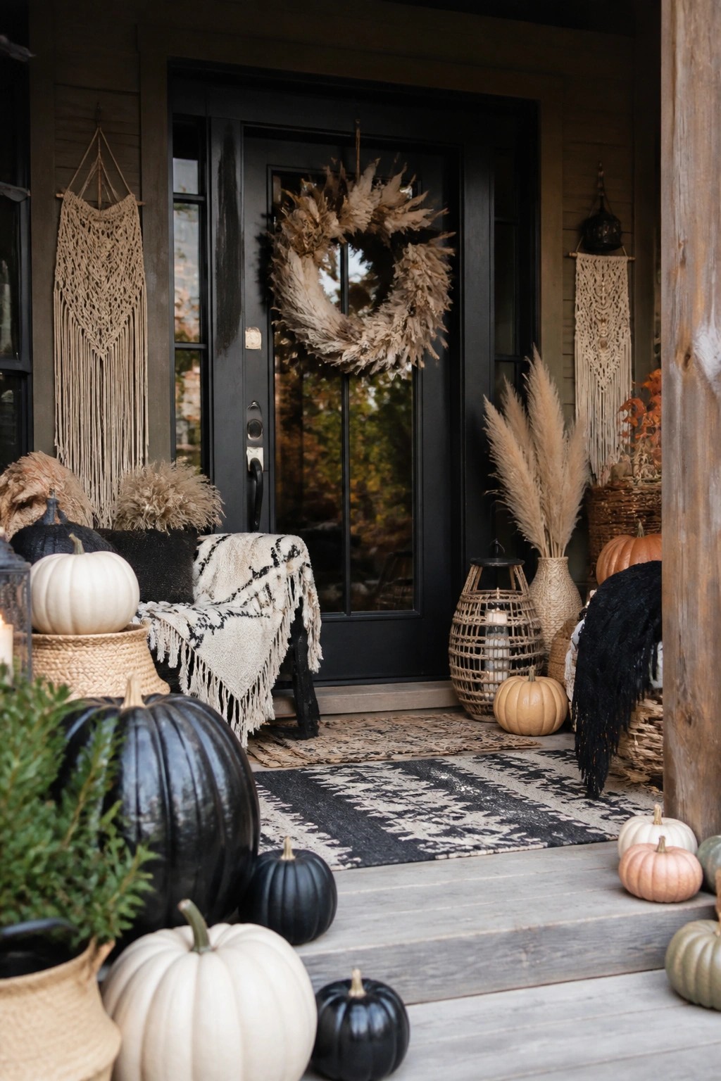 Front porch entrance with a black door, large dried grass wreath, and assorted black, white, and orange pumpkins arranged on the steps and around the doorway.
