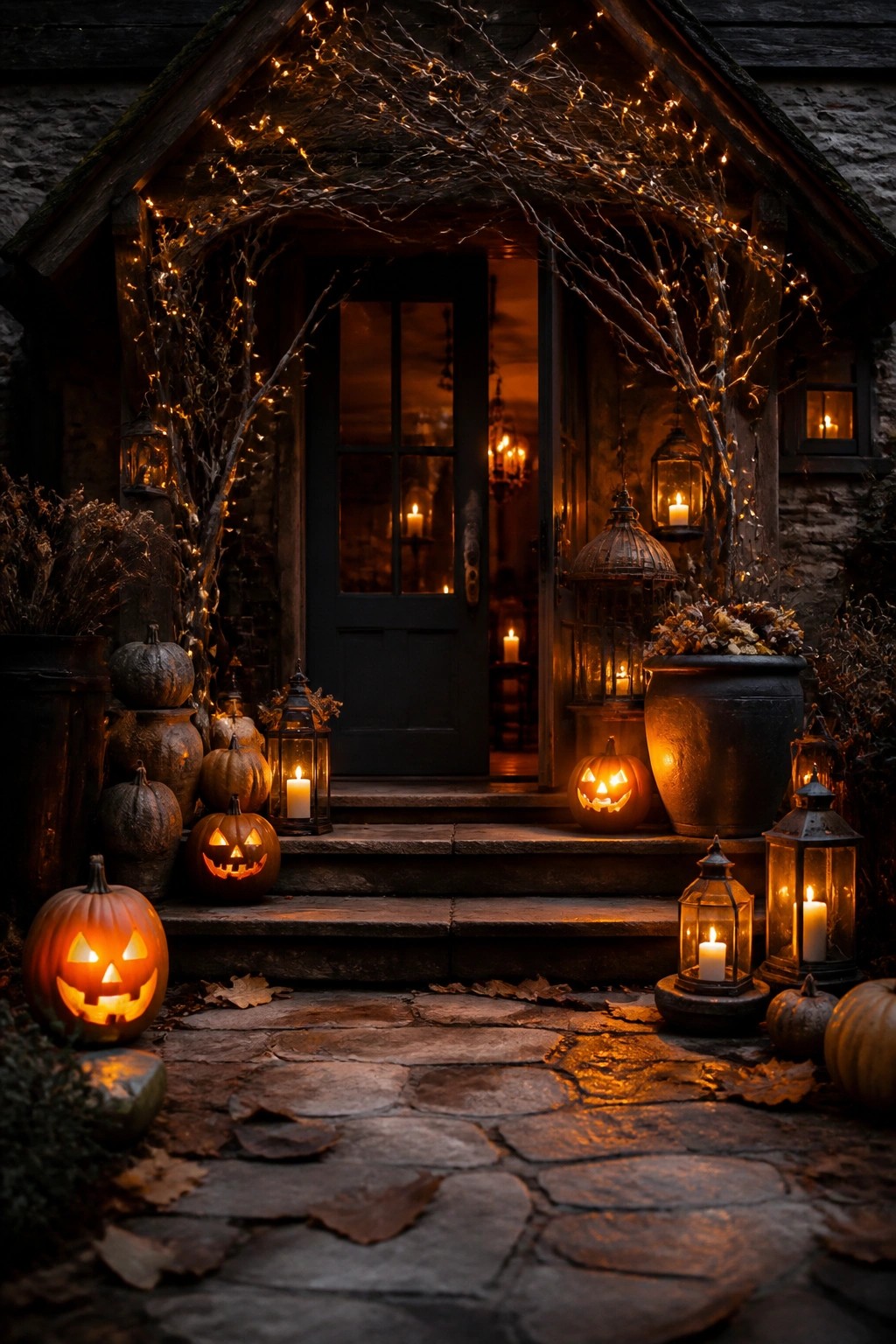 Front entrance with several carved jack-o'-lanterns placed on stone steps beside lanterns and string lights wrapped around branches.