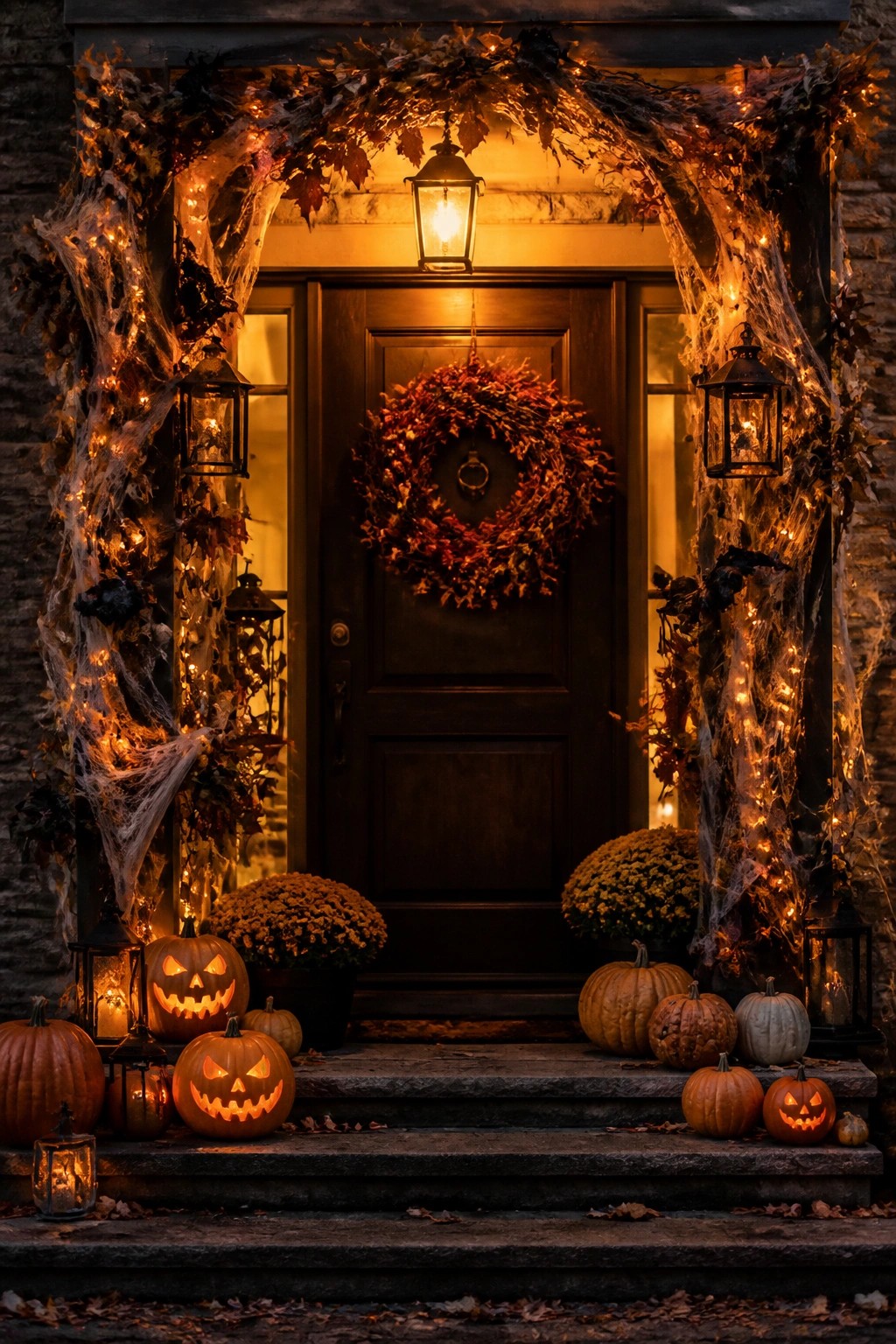 Front door entrance lined with multiple carved jack o lanterns on the steps, spiderwebs draped along the sides, and lanterns mixed with a leaf wreath on the door.
