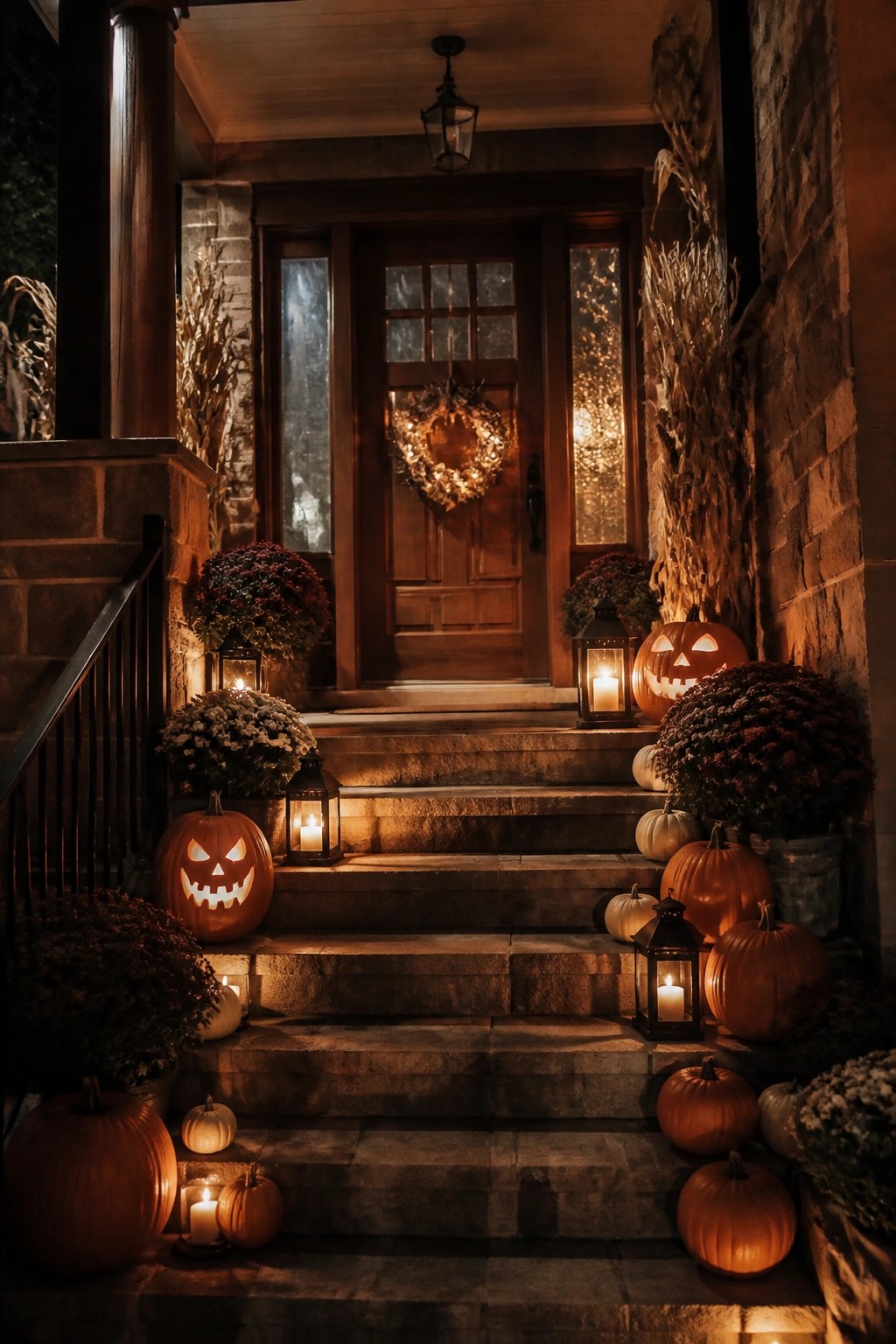 Stone entrance steps lined with carved jack o lanterns of varying sizes, lit by black lanterns and surrounded by potted mums.