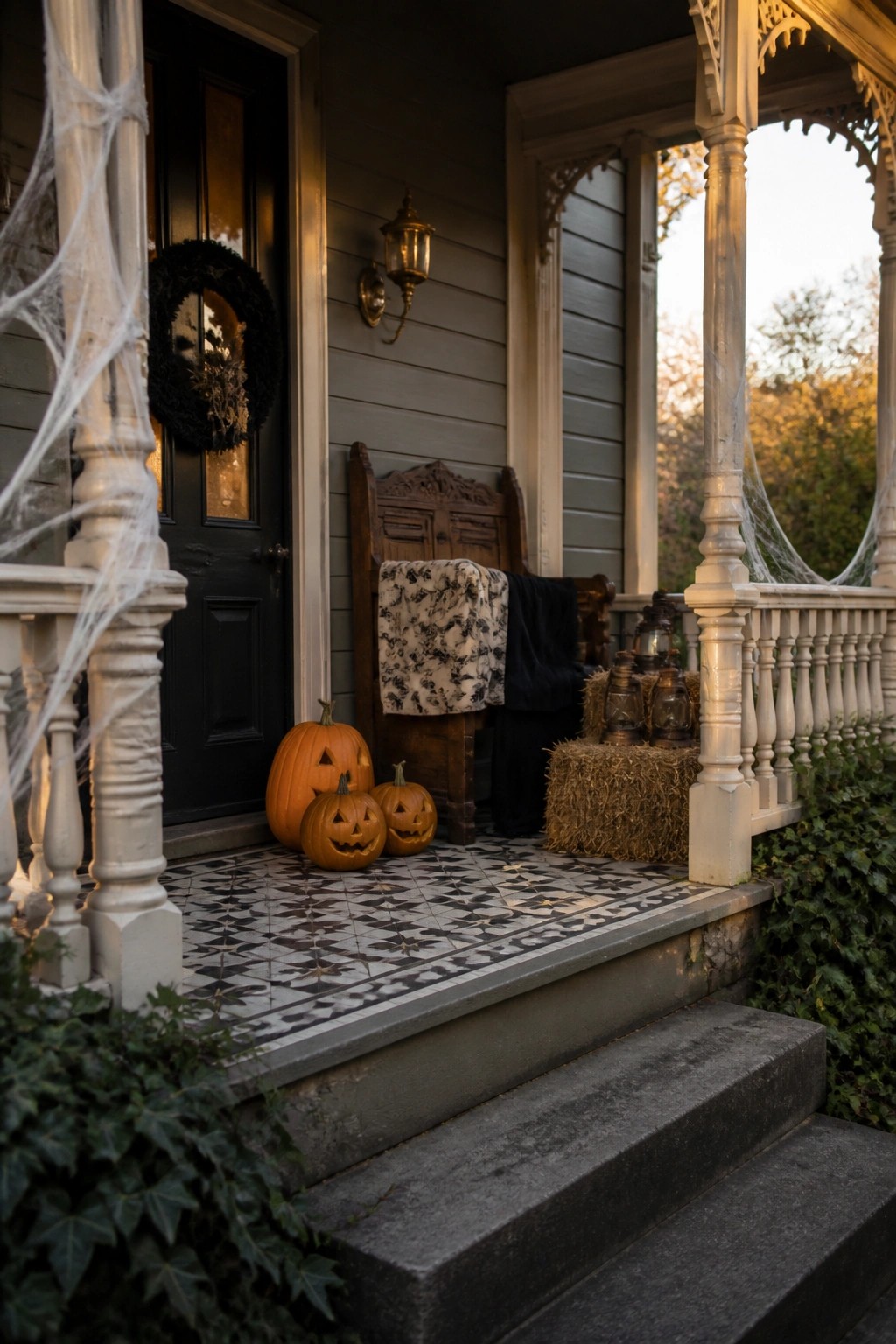 Halloween porch with carved pumpkins, spiderwebs, black door wreath, and hay bale lanterns