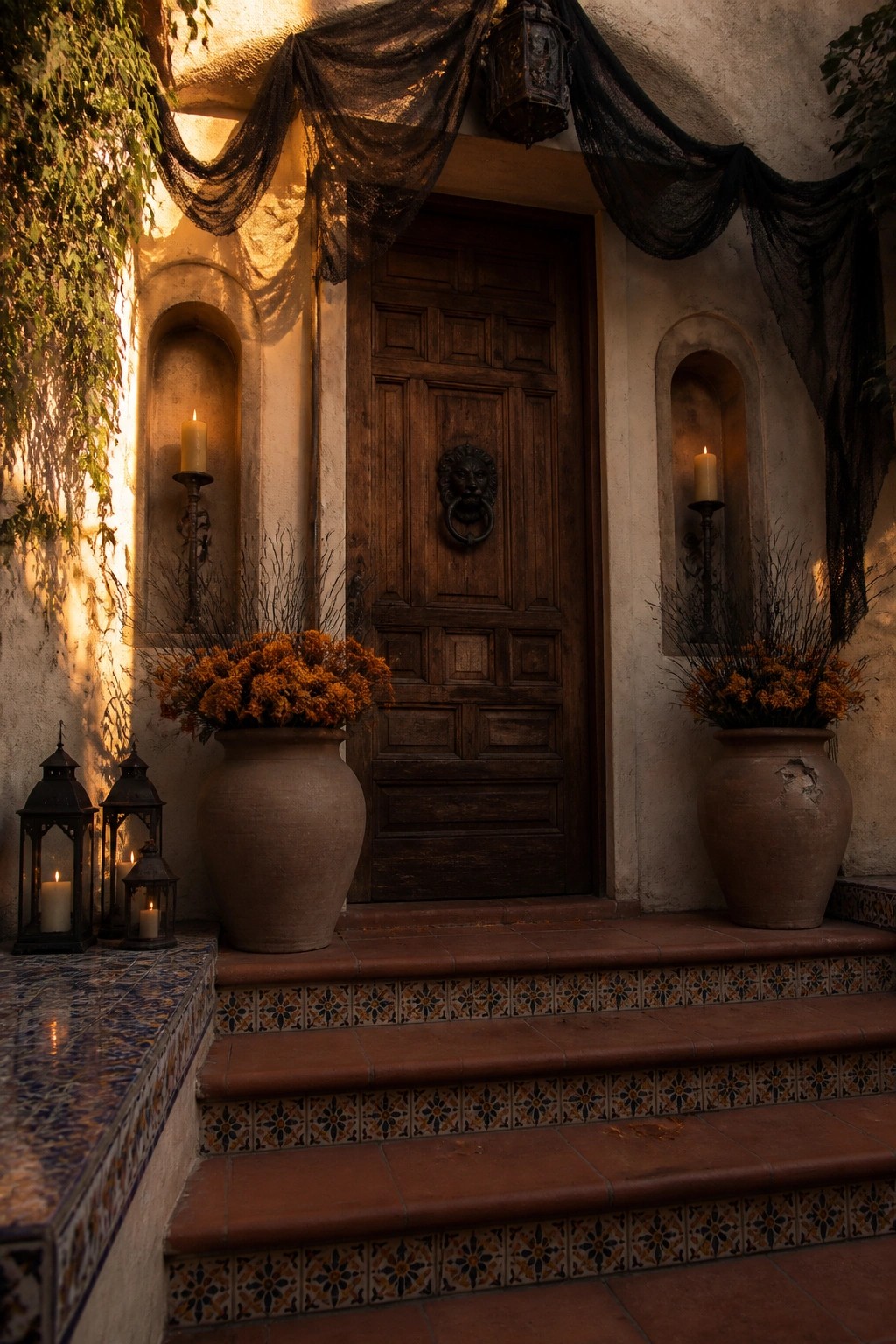 Wooden door with lion knocker, flanked by marigold pots, candles, and black drapes.