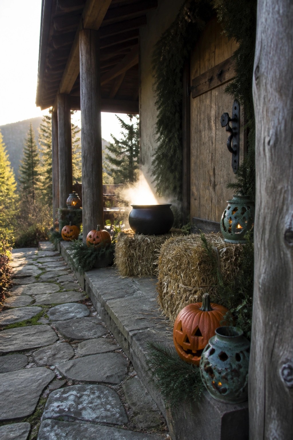 A wooden cabin porch decorated with hay bales, carved pumpkins, glowing lanterns, and a smoking black cauldron at the entrance steps.