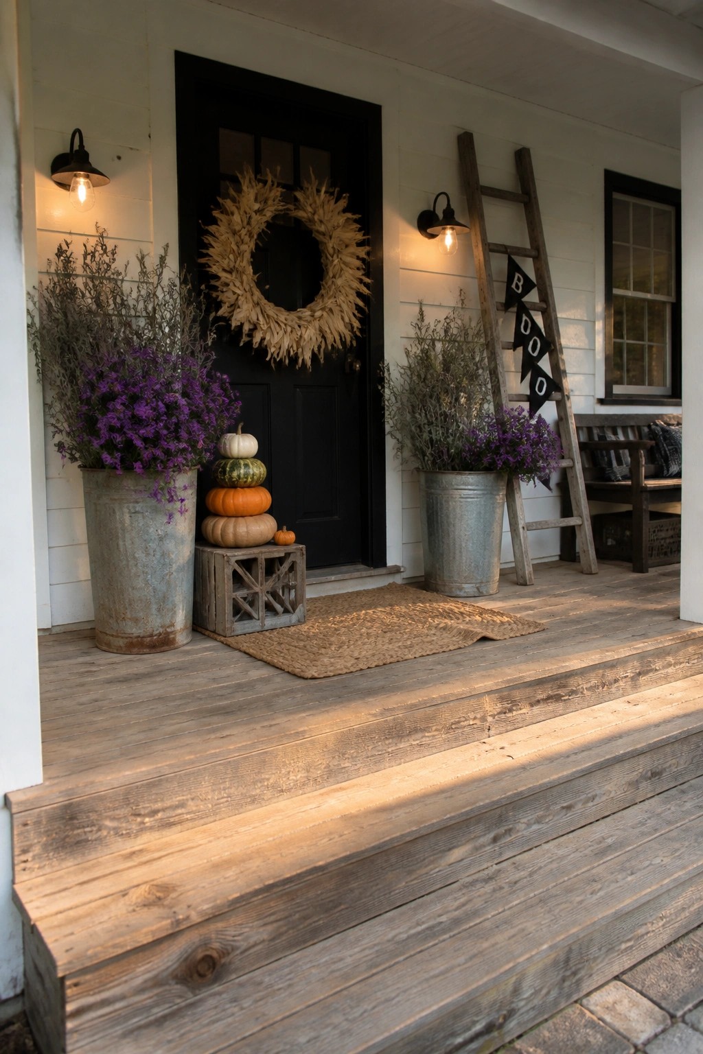 A black front door with a dried wreath, stacked pumpkins on a crate, two galvanized pots with purple flowers, and a wooden ladder holding a black boo banner on a wooden porch.