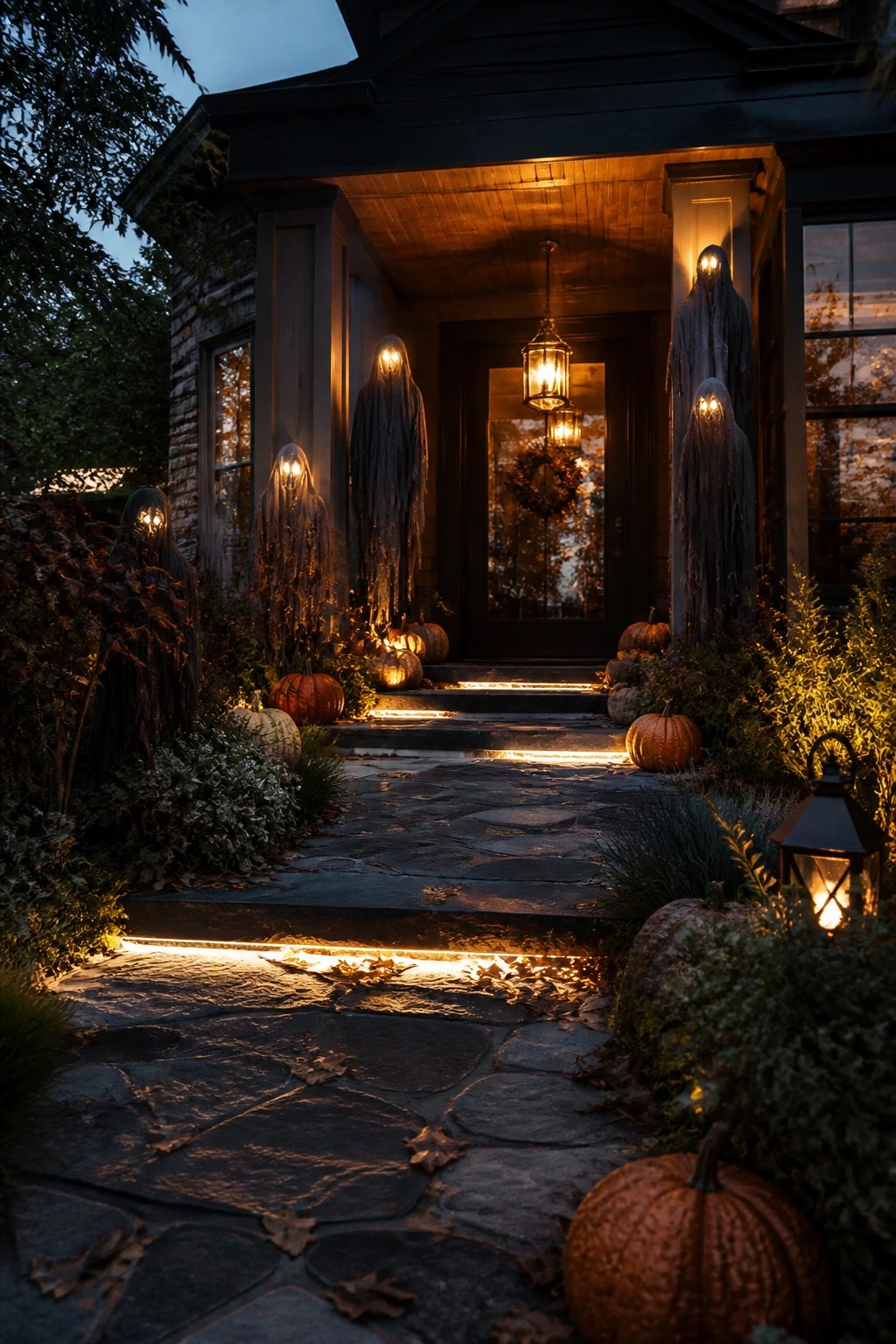 Front entrance of a house lined with tall ghost figures that have glowing eyes, placed on the porch and near the steps with pumpkins along the path.