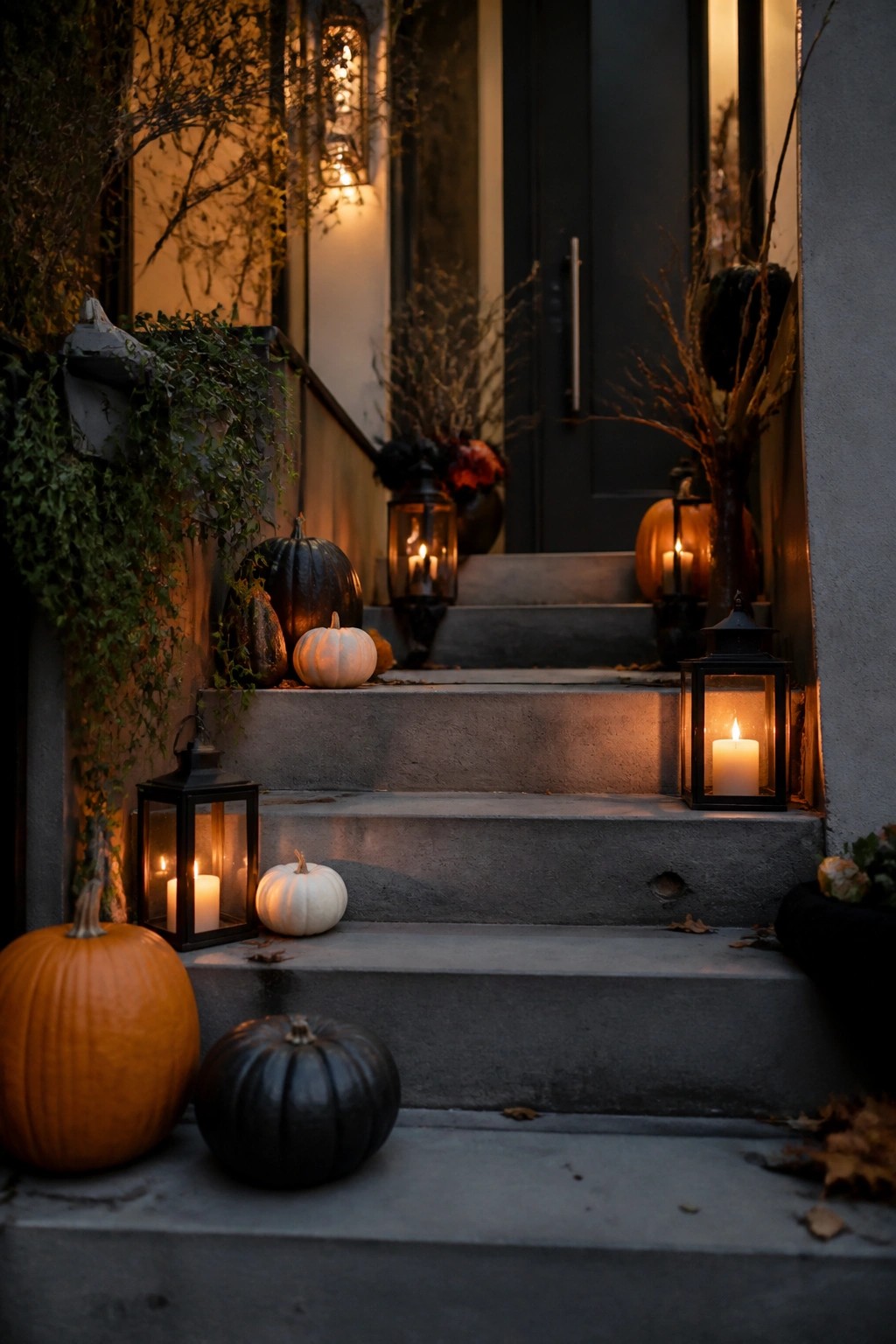 Concrete front steps decorated with orange, white, and black pumpkins plus black lanterns with lit candles leading to a dark door.