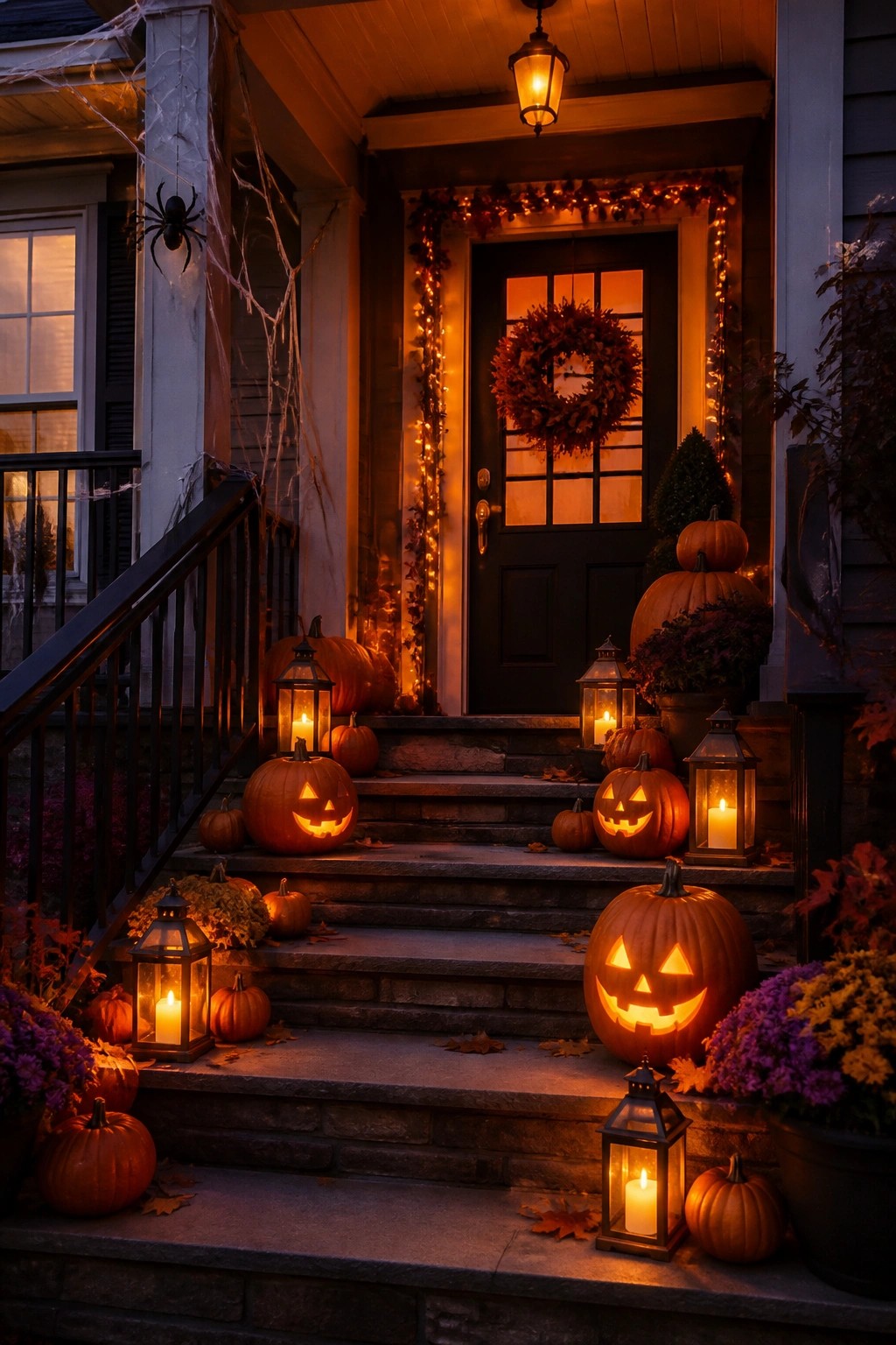 Glowing jack-o'-lanterns and lanterns line stone steps of a decorated Halloween porch
