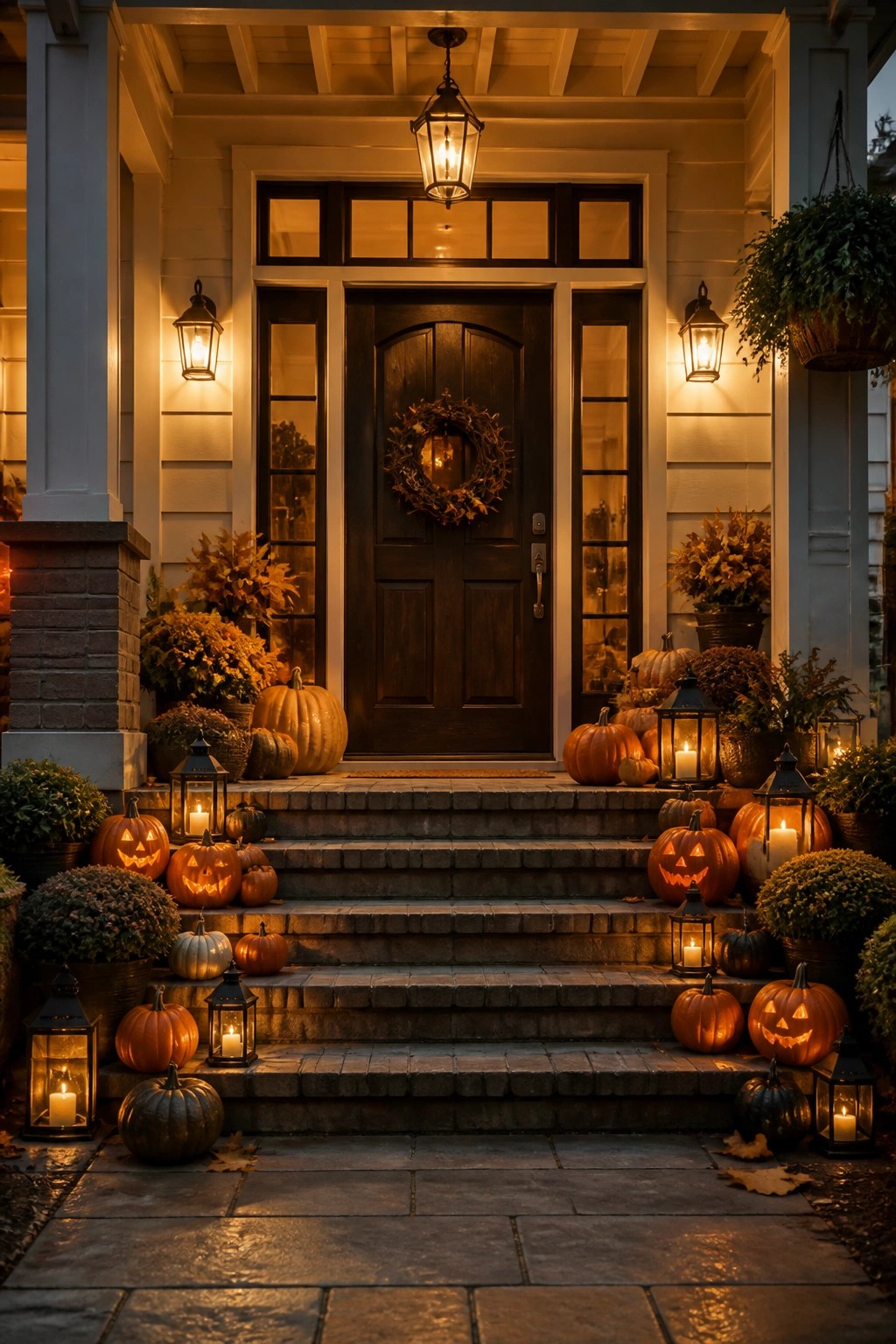Front porch steps lined with multiple carved jack o' lanterns and lanterns leading up to a dark wooden door with a wreath.