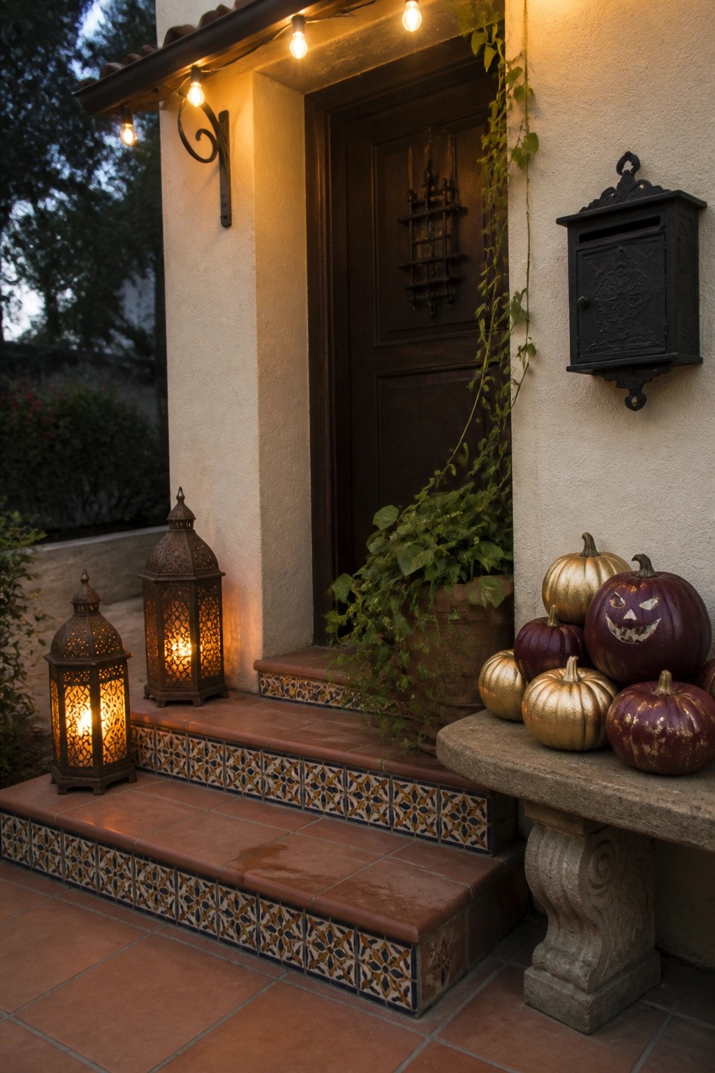 A house entrance with tiled steps leading to a dark wooden door, two lit lanterns on the steps, a stone bench holding carved and gold-painted pumpkins, and string lights overhead.