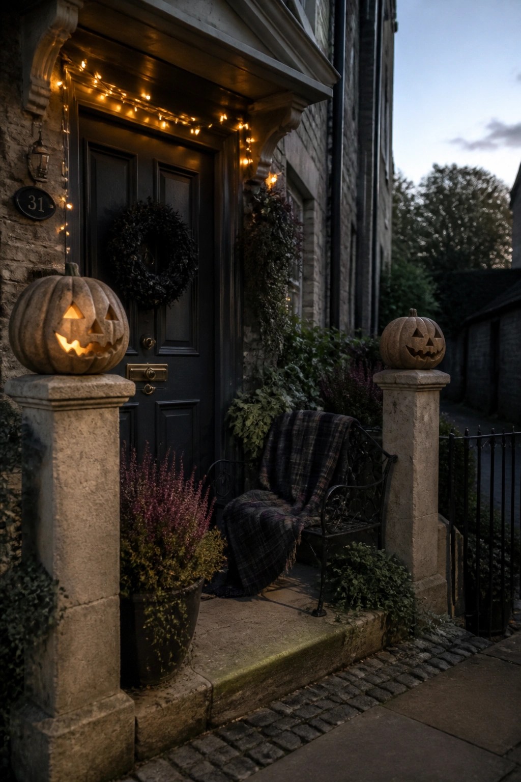 Glowing jack-o'-lanterns flank steps with plaid bench and string-lit dark door.