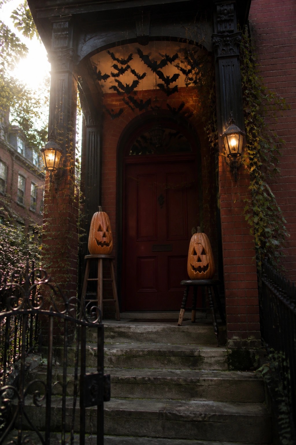 A red door on a brick house with two carved pumpkins on wooden stools flanking the steps, black bat cutouts above the door, and lit lanterns on the pillars.