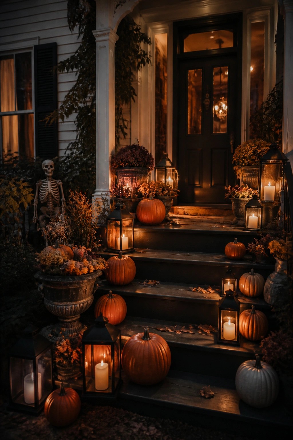Front porch entrance with a standing skeleton, multiple lit lanterns, and orange pumpkins arranged on the steps leading to a dark door.