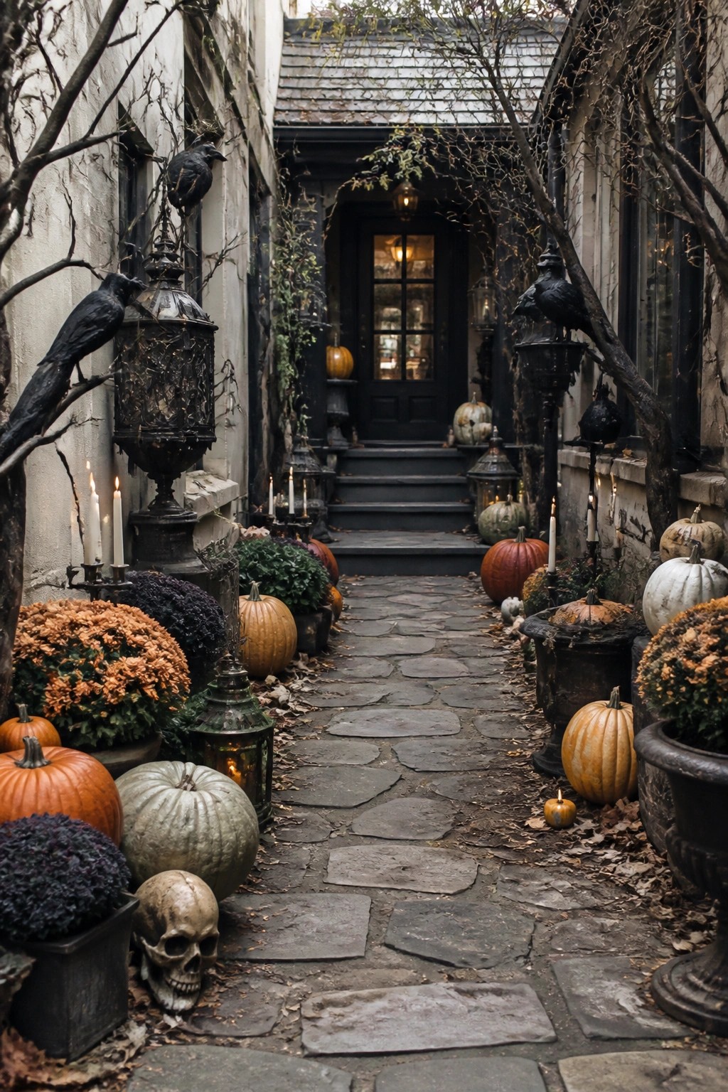 Stone walkway lined with black crows on branches, pumpkins, lanterns, and a skull leading to a dark front door.
