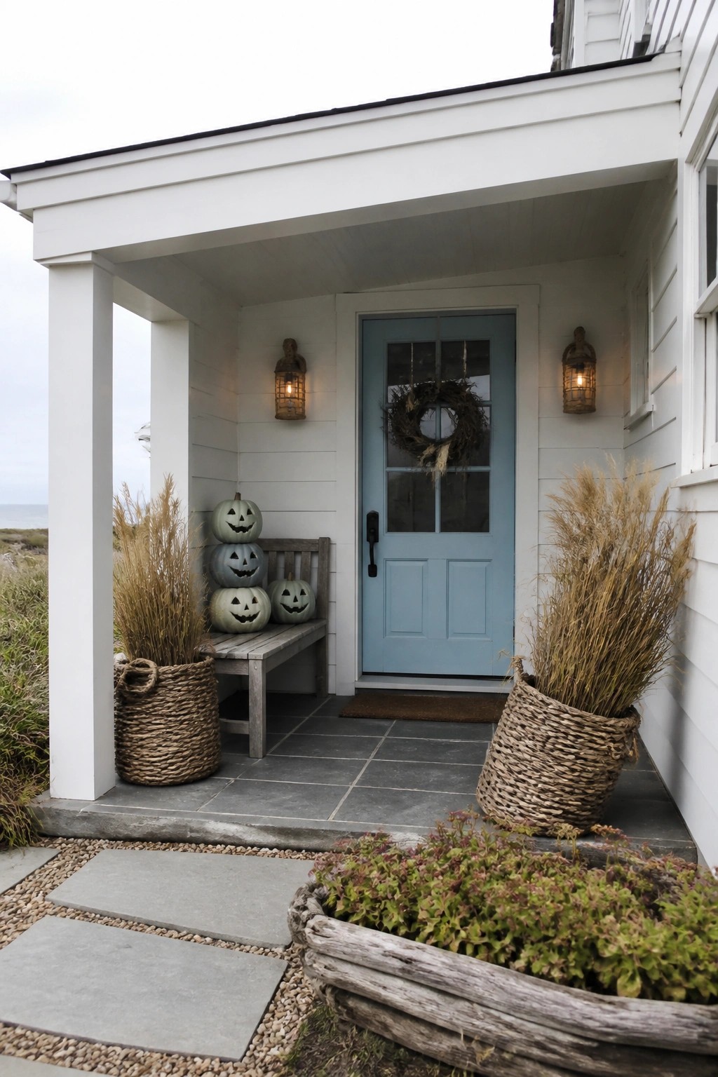 Light blue door on white porch with stacked jack-o'-lanterns and woven grass baskets.