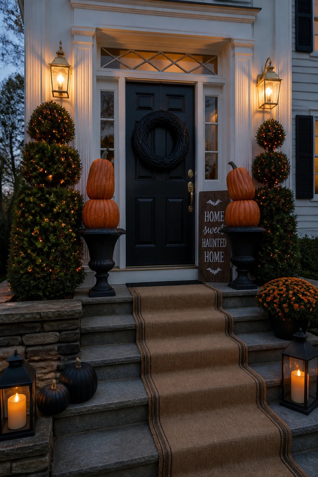 A house front entrance at dusk with a black door, black wreath, stacked orange pumpkins on black urns on either side, a wooden sign, topiary trees with lights, and lanterns on the steps.
