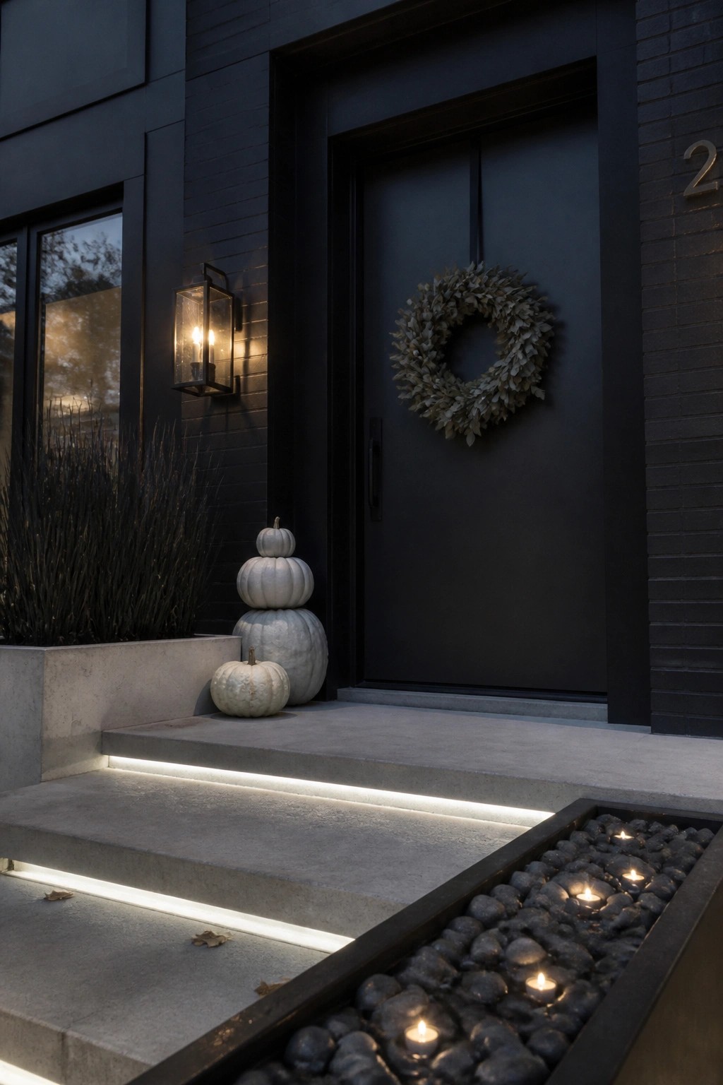 Modern black door with wreath, stacked white pumpkins, and glowing concrete steps at dusk.