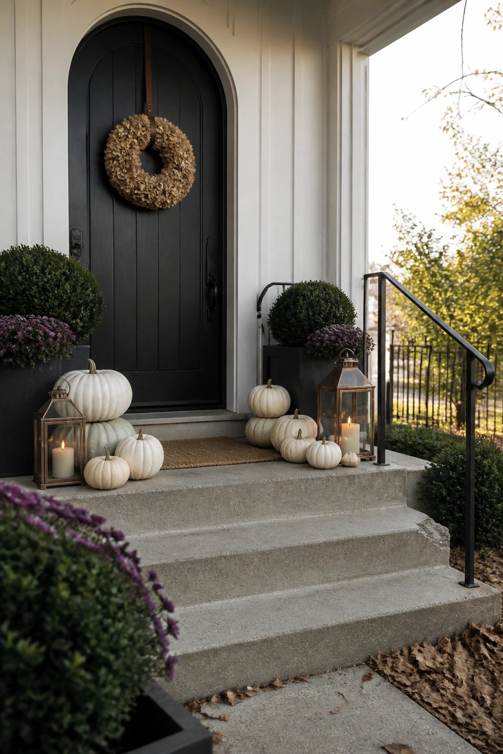 White pumpkins, lit lanterns, and dried wreath adorn black door and concrete steps