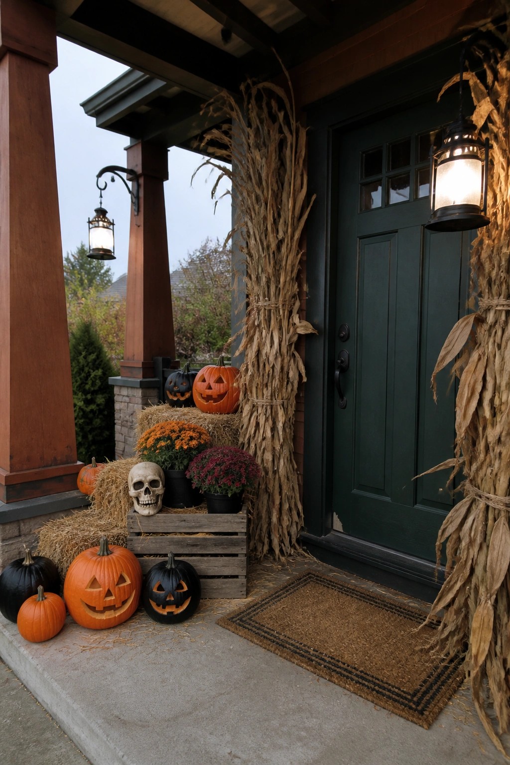 A house entrance with a dark green door, pumpkins, a skull on a crate, hay bales, and tall bundles of dried corn stalks tied to the porch.