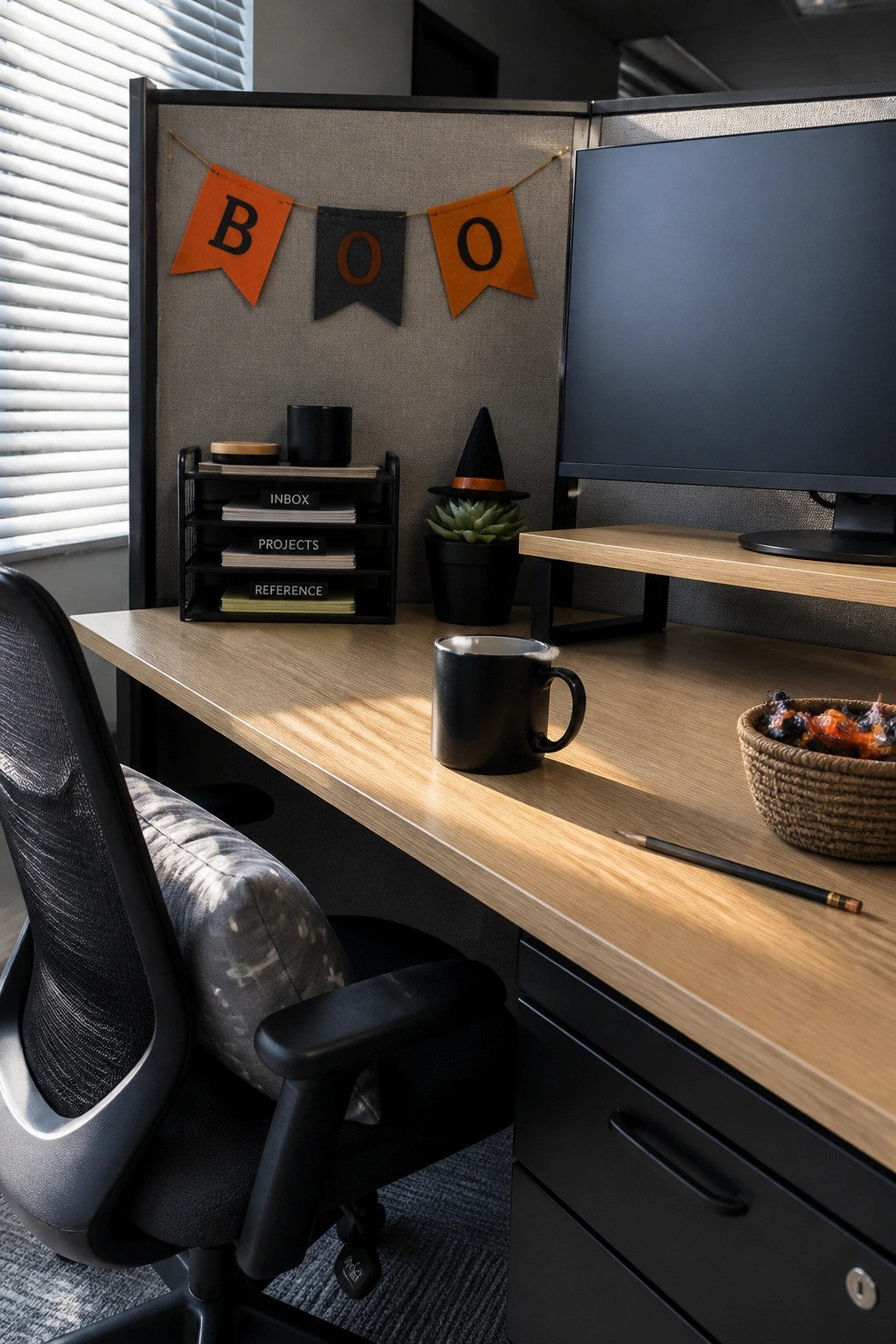 An office cubicle with a wooden desk, black chair, computer monitor, and orange and black banner spelling BOO on the partition wall.