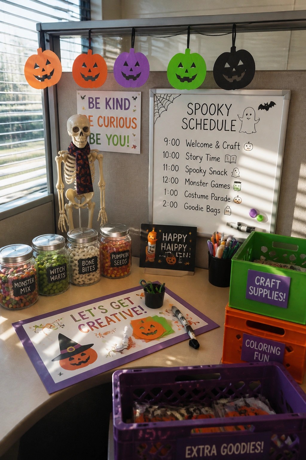 An office cubicle decorated for Halloween with a skeleton, pumpkin garland, labeled candy jars, craft supplies, and a whiteboard displaying a spooky schedule.