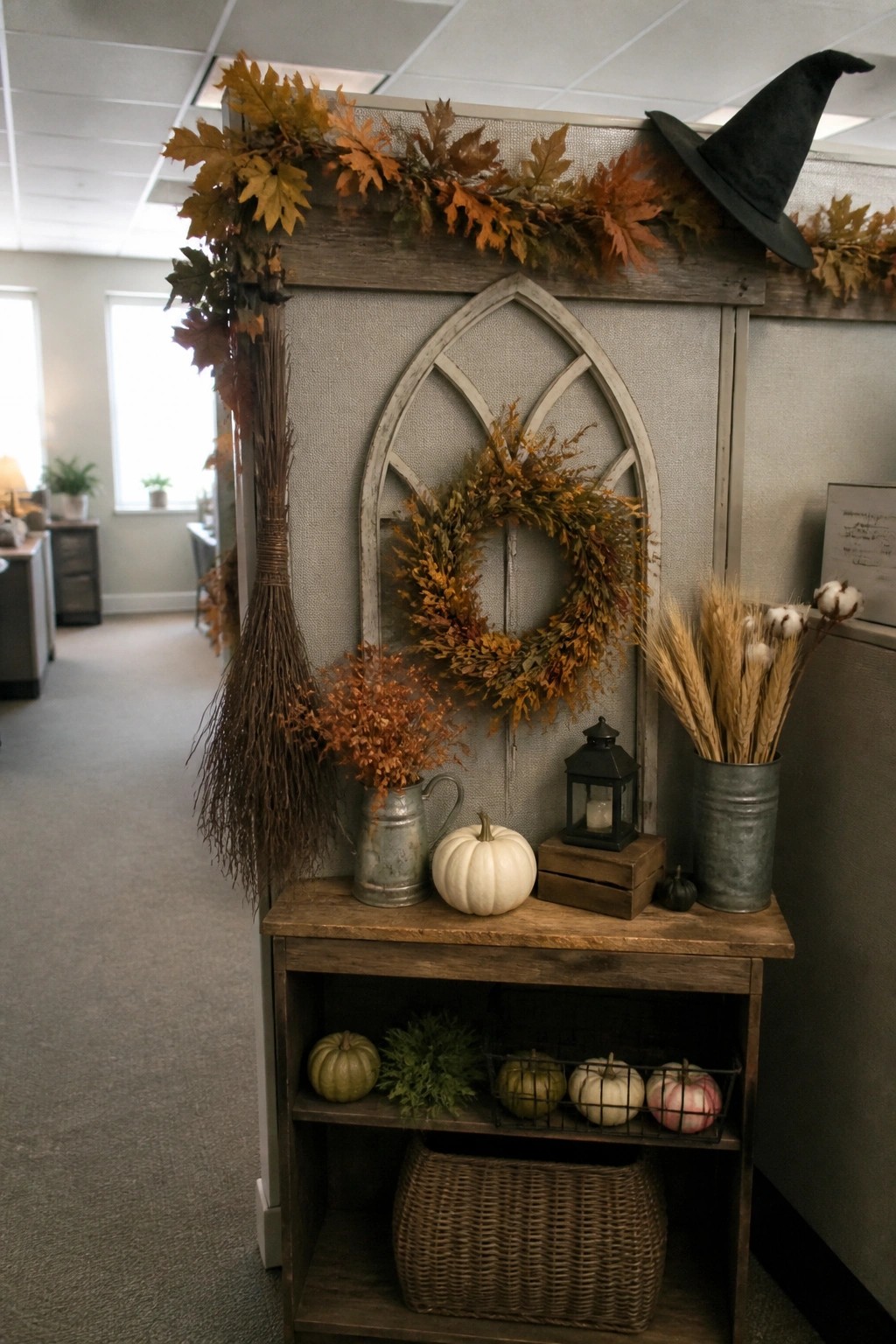 Office cubicle console decorated with a black witch hat, broom, lantern, wreath, and small pumpkins.
