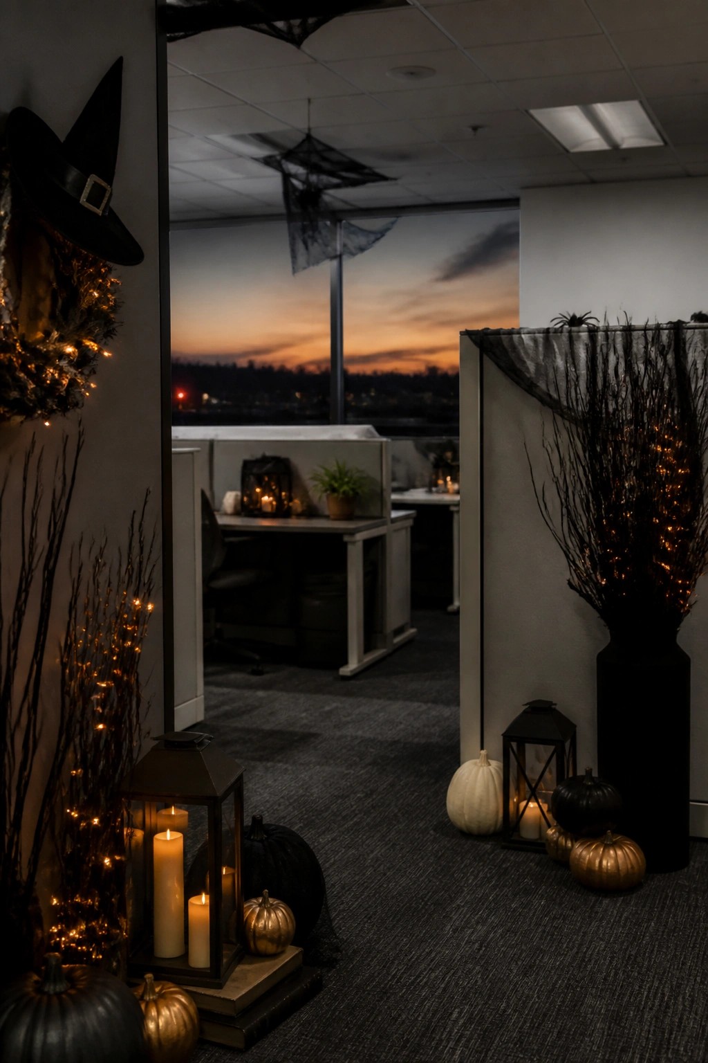Office cubicle entrance decorated with a black witch hat wreath, black branches with string lights, pumpkins, and lanterns.