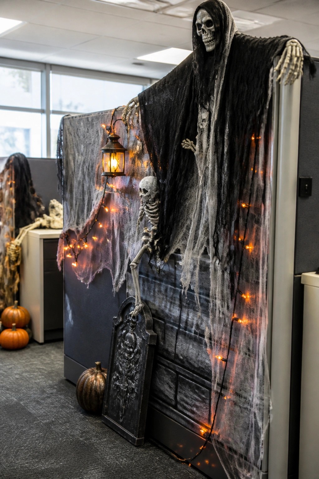 Office cubicle decorated with a large robed skeleton draped over the partition wall, a smaller skeleton beside a tombstone, spiderwebs, and orange string lights.