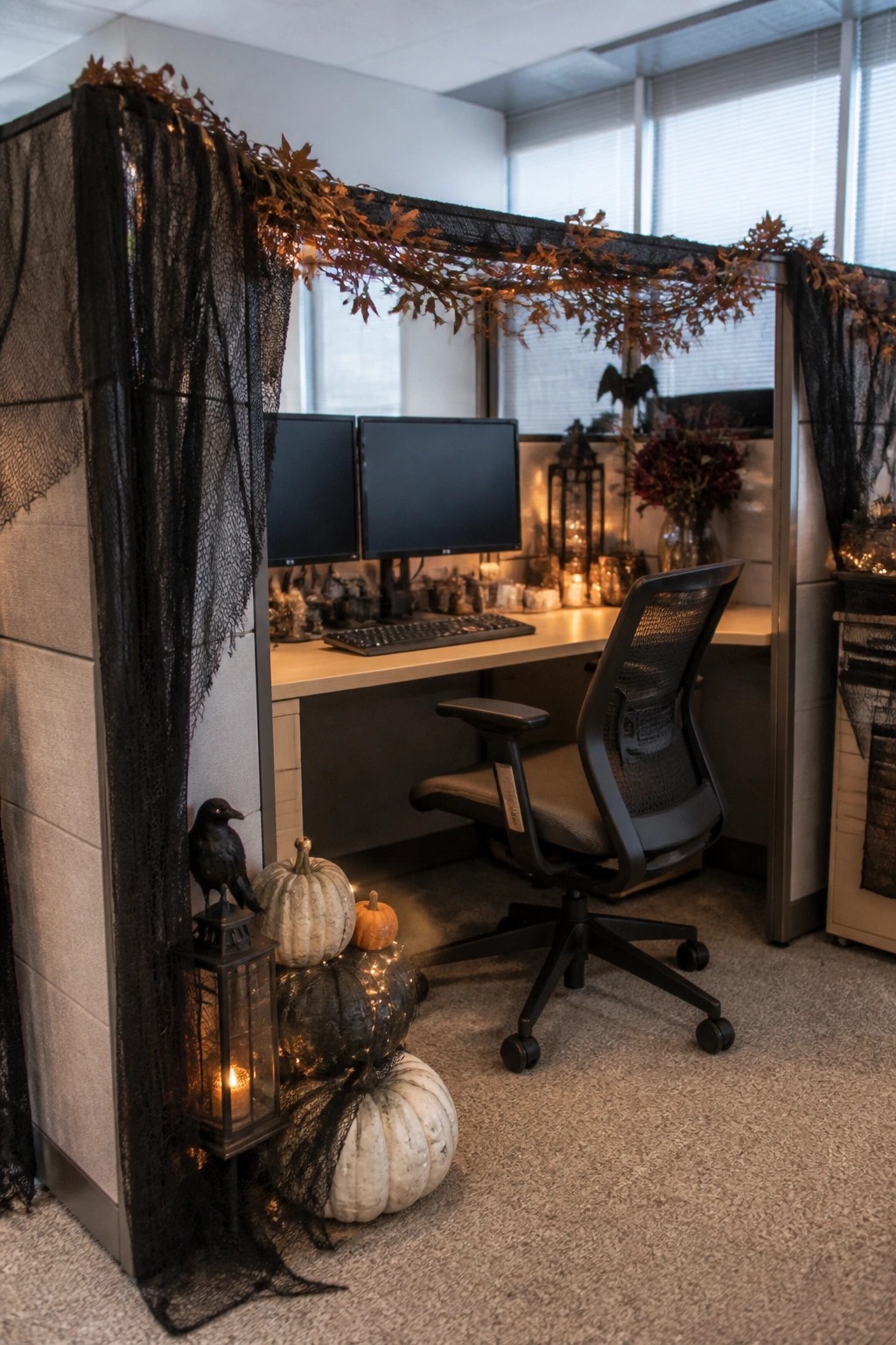 Office cubicle with black lace fabric draped along the walls and a leaf garland with lights across the top, plus stacked pumpkins and a crow figure at the base.