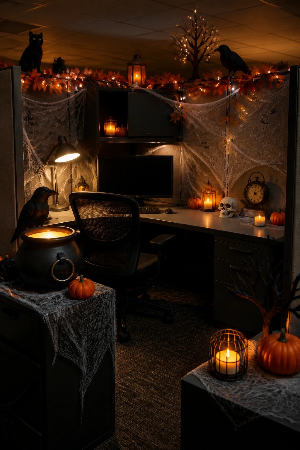 Office cubicle decorated with fake spiderwebs, black crows, a cauldron, skull, and small pumpkins around a desk and computer.