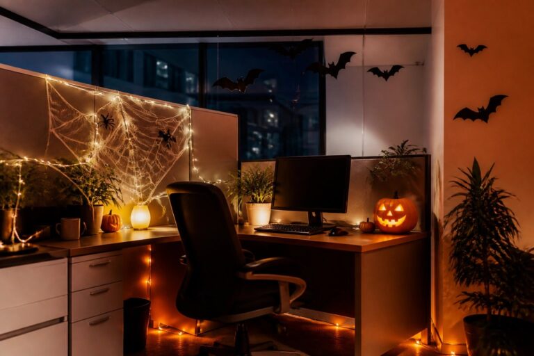 Halloween-decorated office cubicle with dual monitors, chair, pumpkins, and string lights.
