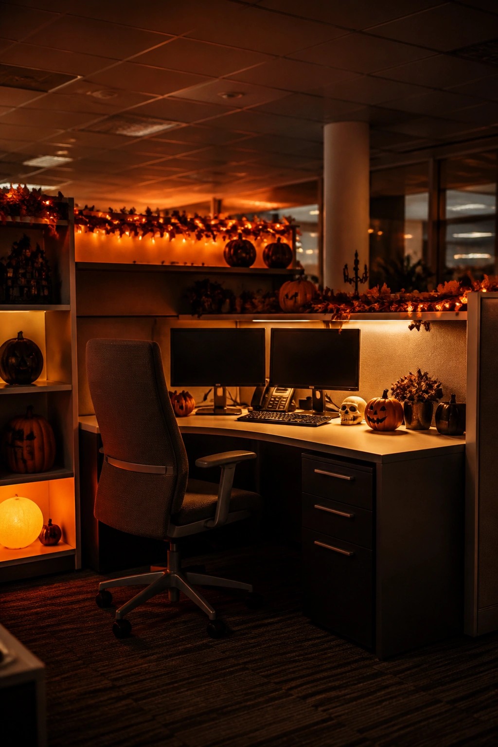 Halloween-decorated office cubicle with dual monitors, chair, pumpkins, and string lights.