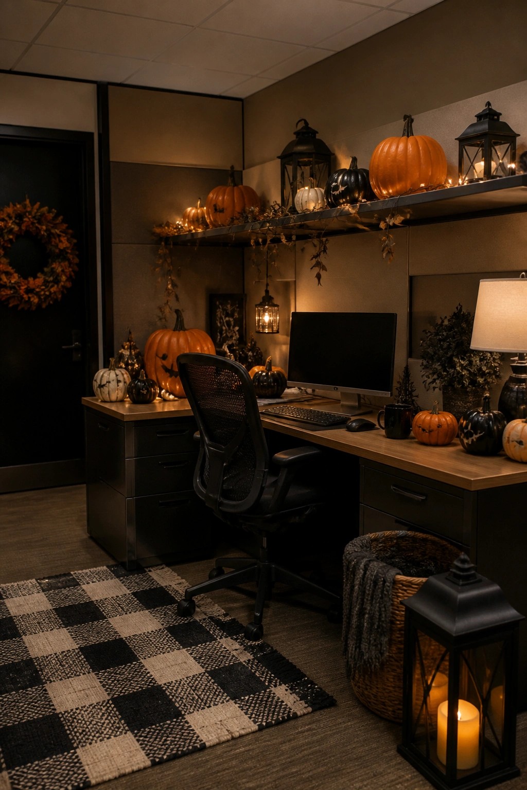 Office cubicle desk area with overhead shelf lined with orange and black pumpkins, lit lanterns, and string lights.