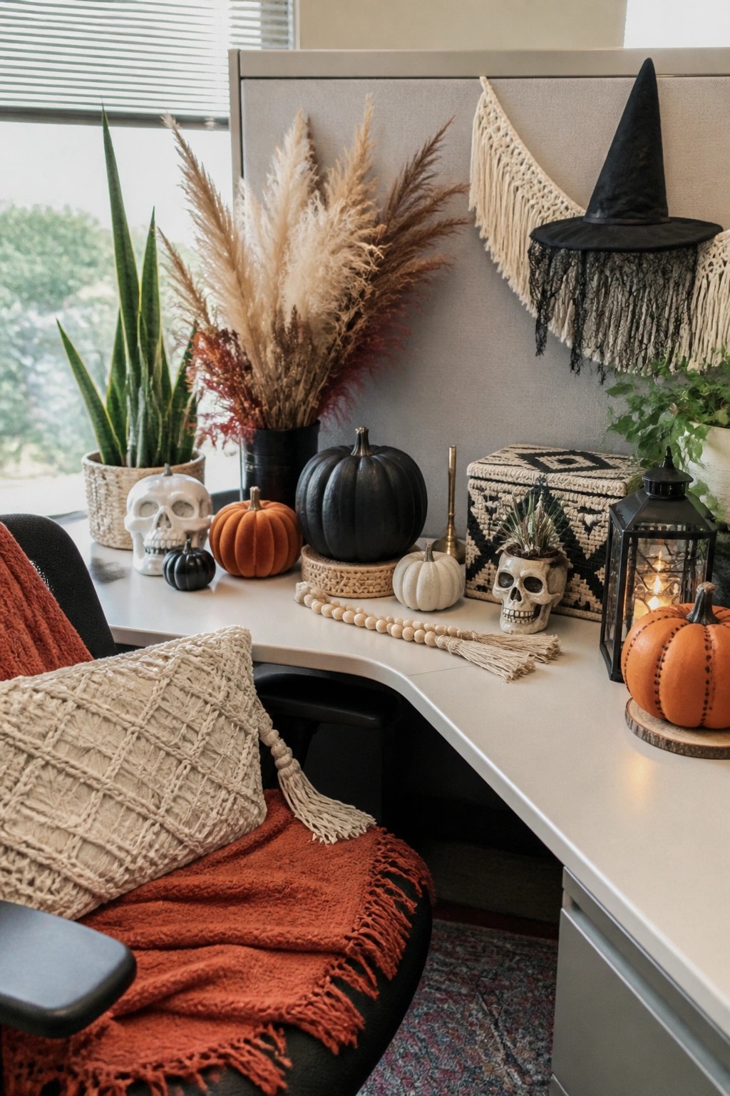 Office cubicle with a black witch hat mounted on the wall above a desk holding skulls and pumpkins.