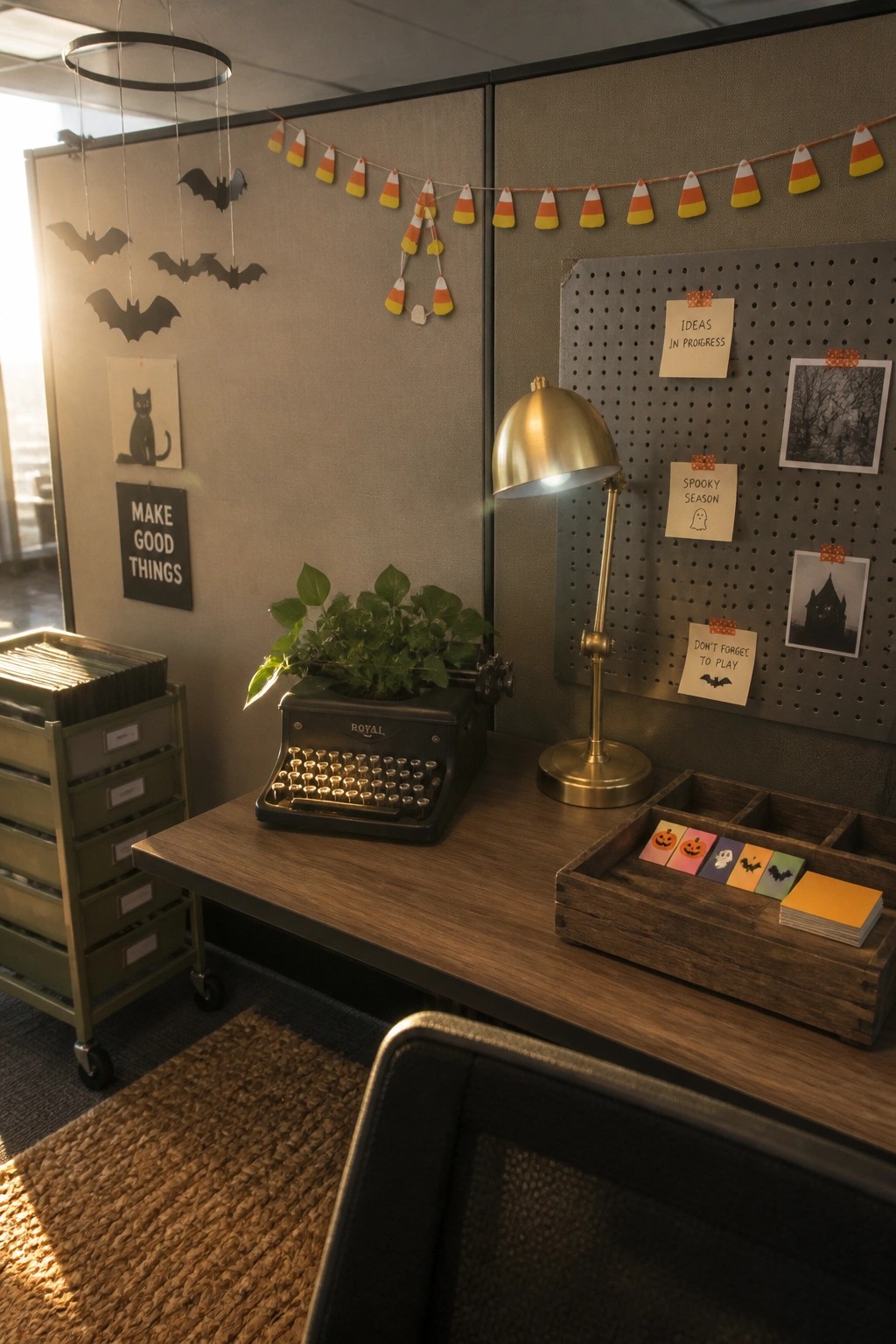 An office cubicle decorated with candy corn paper garlands, bat cutouts, and small Halloween notes on the walls, with a desk holding a typewriter, lamp, and plant.