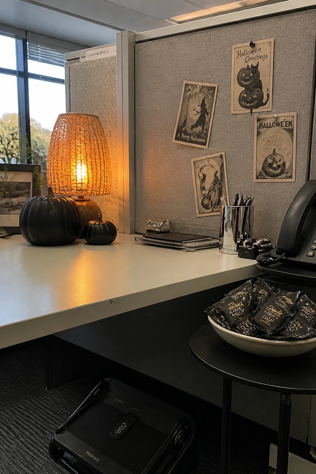 An office cubicle decorated with three vintage Halloween posters pinned to a gray fabric partition wall above a white desk.