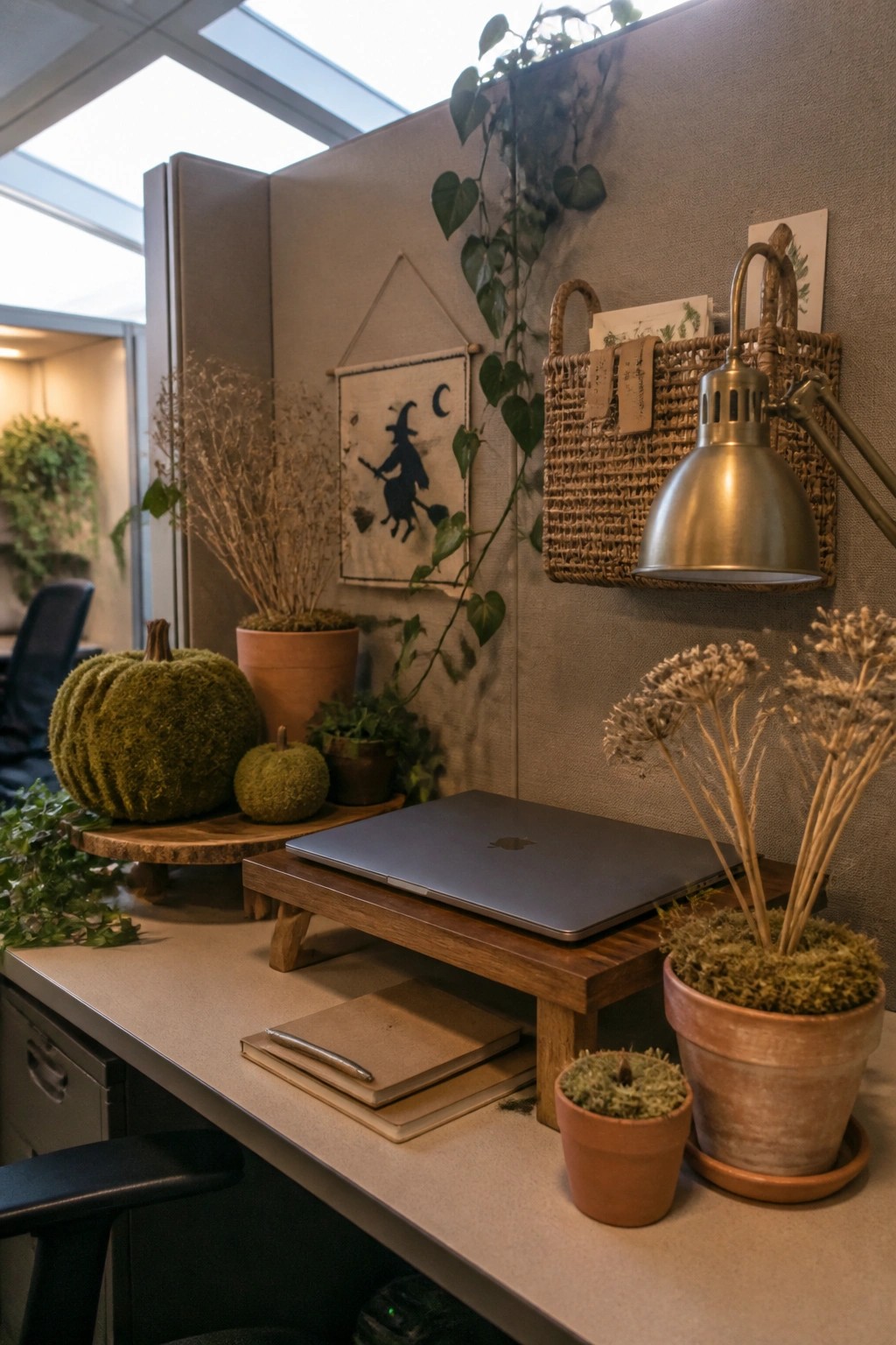 An office cubicle desk with a laptop on a wooden stand, moss-covered pumpkins in terracotta pots, dried plants, a witch banner on the wall, and a desk lamp.