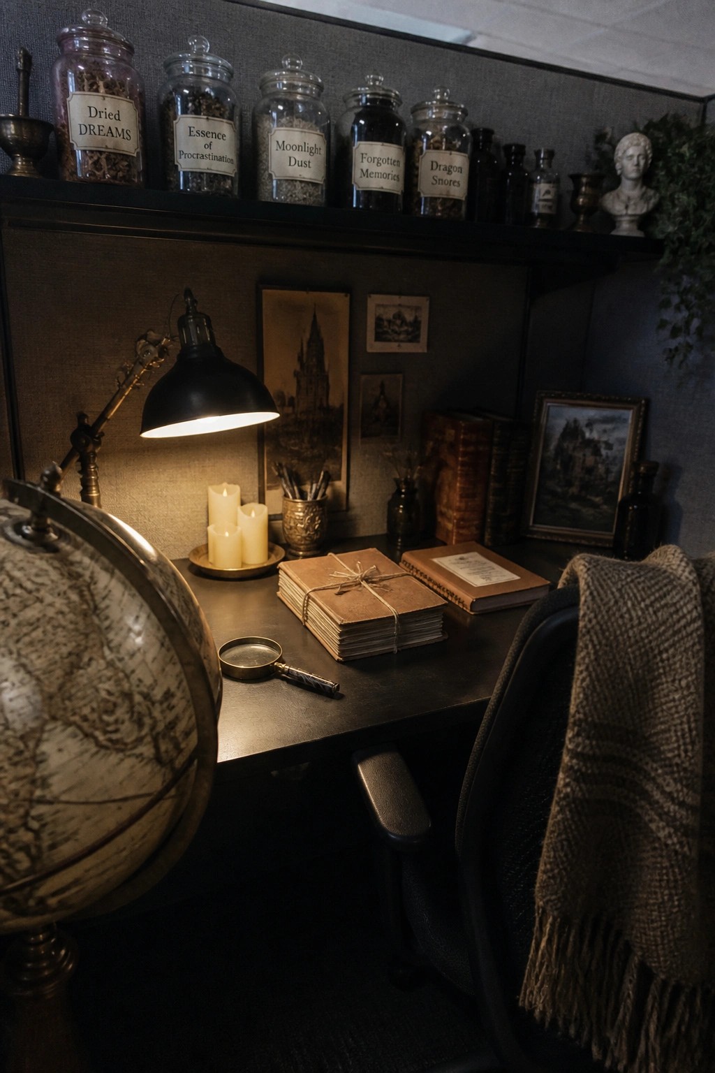 A cubicle desk with a lit lamp, globe, books, and upper shelf holding five glass jars labeled with fantasy phrases.
