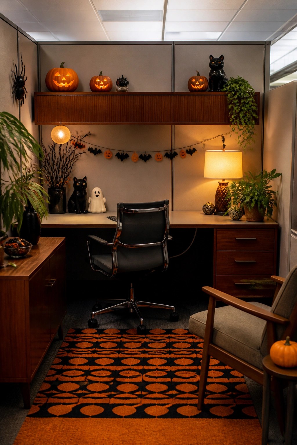 Office cubicle with jack o lanterns lined up on the overhead shelf, a bat garland below, and small Halloween figurines on the desk.