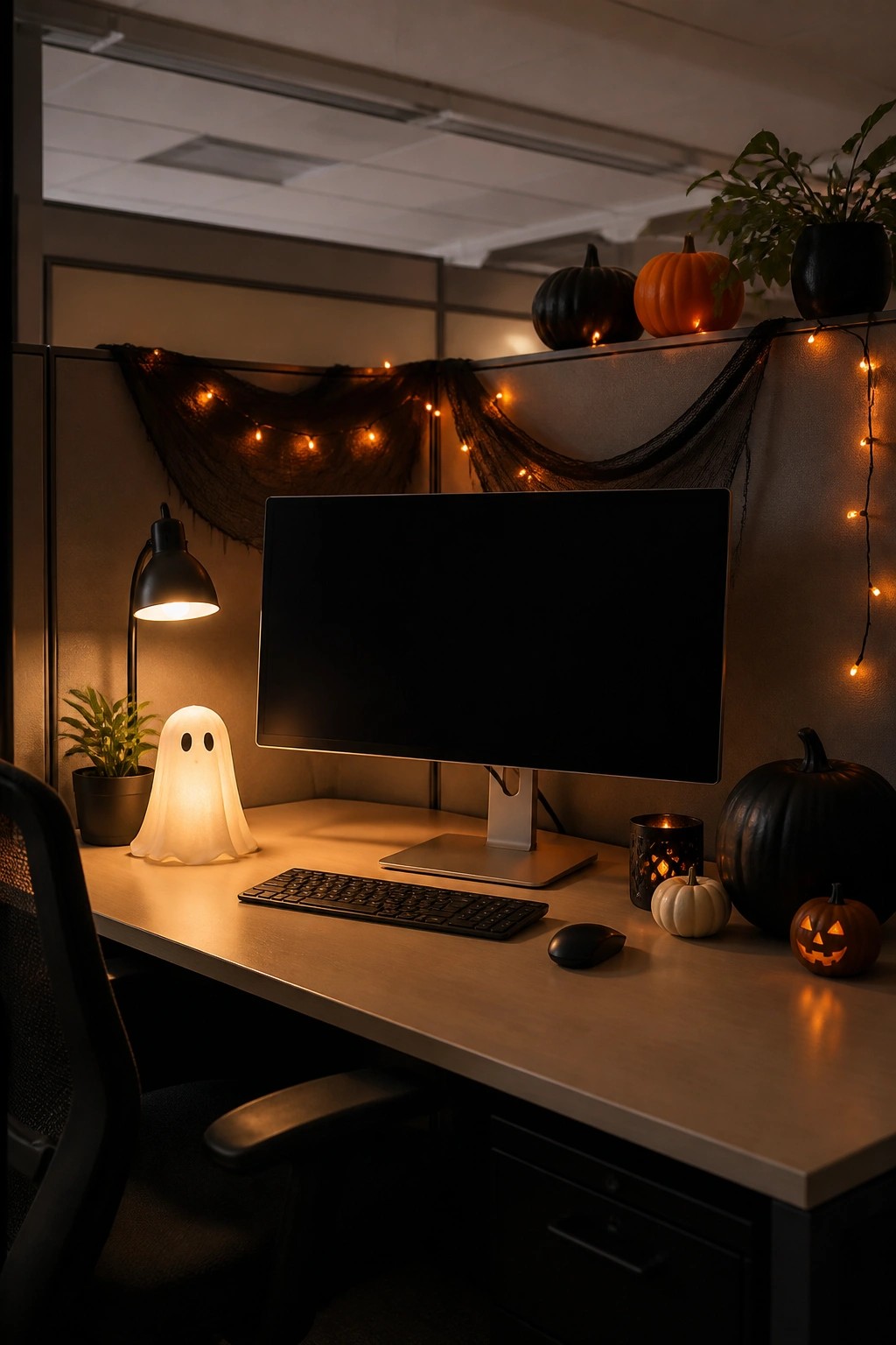 Office cubicle desk with a glowing ghost figure, keyboard, monitor, and small pumpkins arranged on the surface with string lights along the partition.