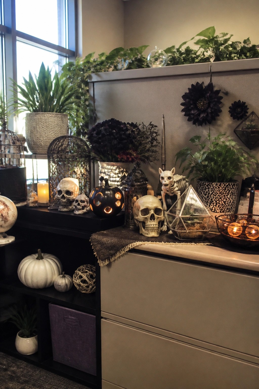 Office cubicle shelves decorated with multiple skulls, a small skeleton cat figure, a black lit pumpkin, and dark flowers.