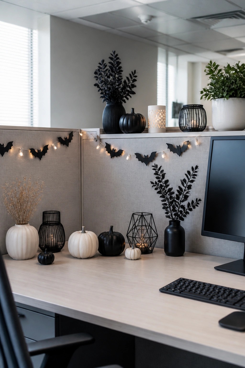 Office cubicle with a black bat garland strung with lights across the fabric partition wall and black and white pumpkins arranged on the desk.