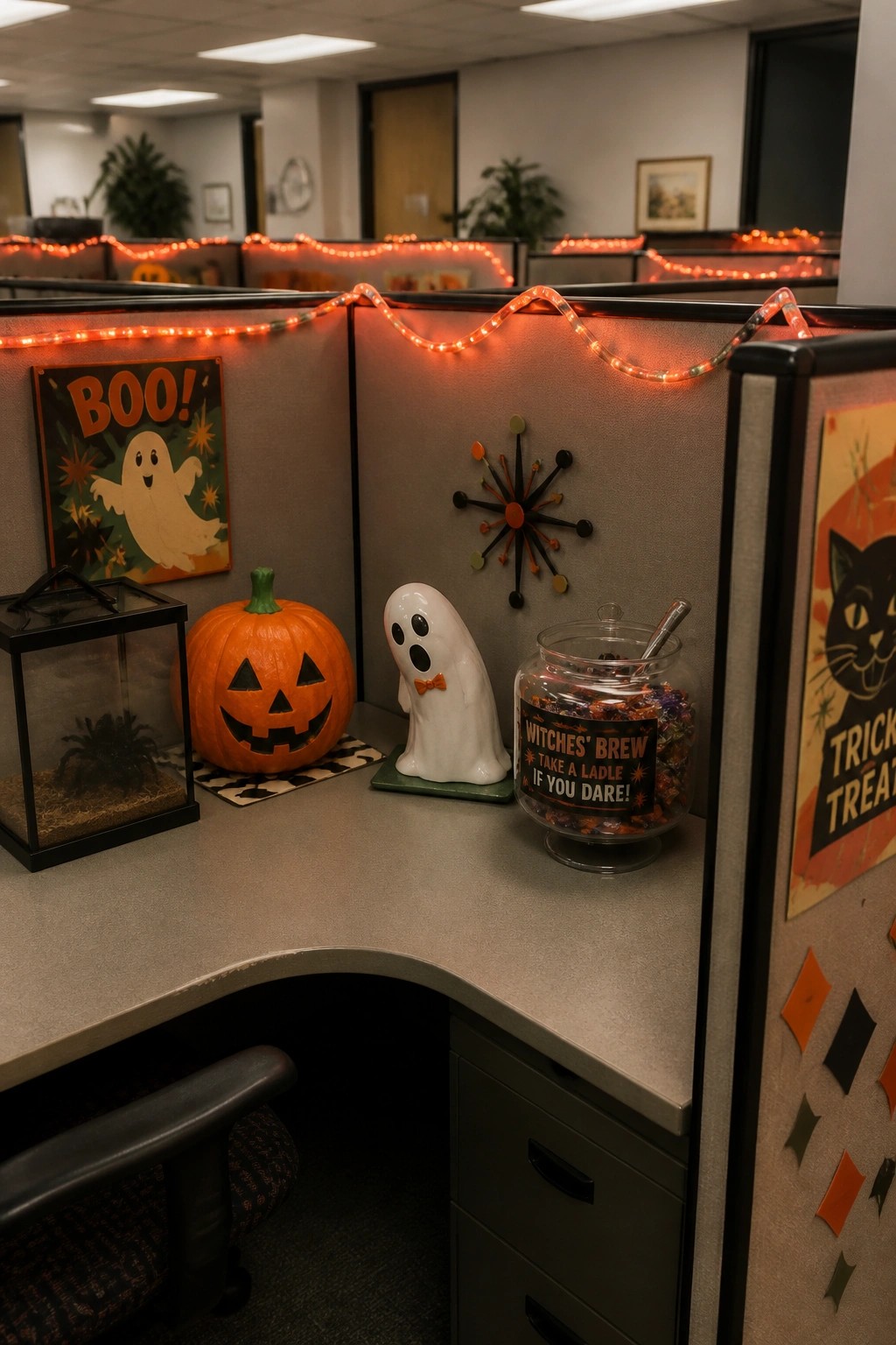 An office cubicle decorated with orange string lights along the top edges of the walls, a carved pumpkin, a ghost figurine, and a candy jar on the desk.