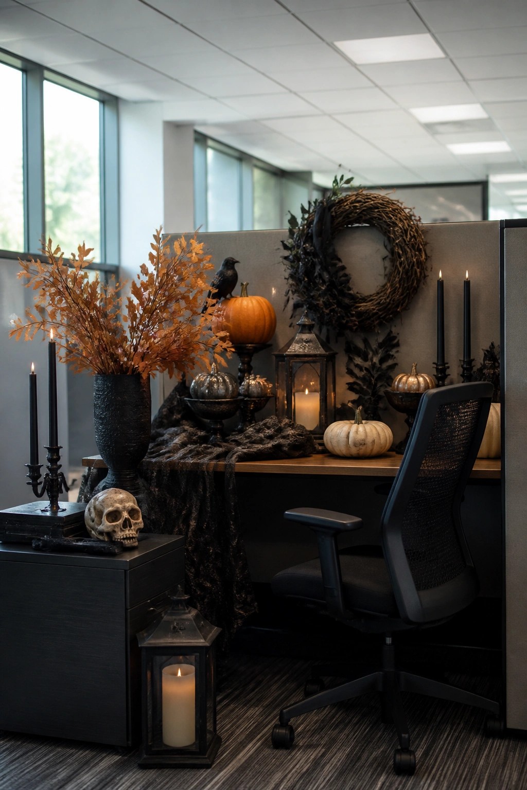 Halloween-decorated office cubicle with pumpkins, skull, candles, and black chair