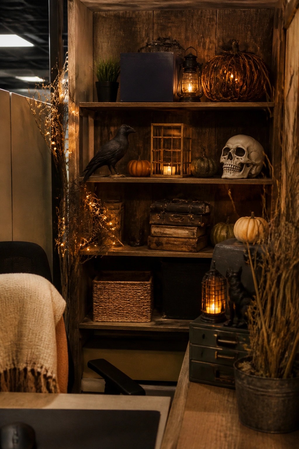 Office cubicle shelves decorated with a skull, black crow, lanterns, pumpkins, and vintage books for Halloween.