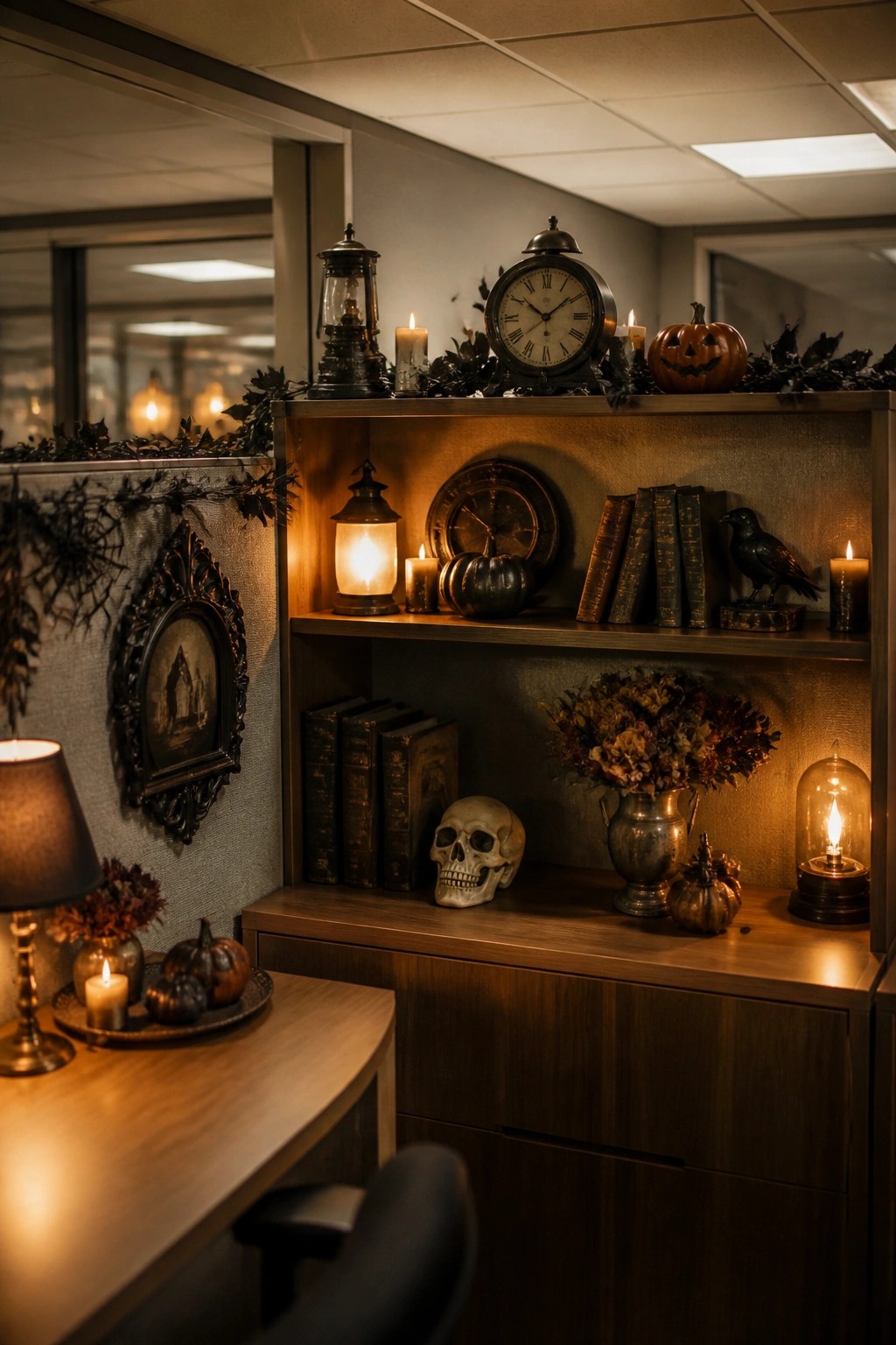 Office cubicle with wooden shelves decorated with a skull, black crow figurine, lanterns, old books, and small pumpkins.